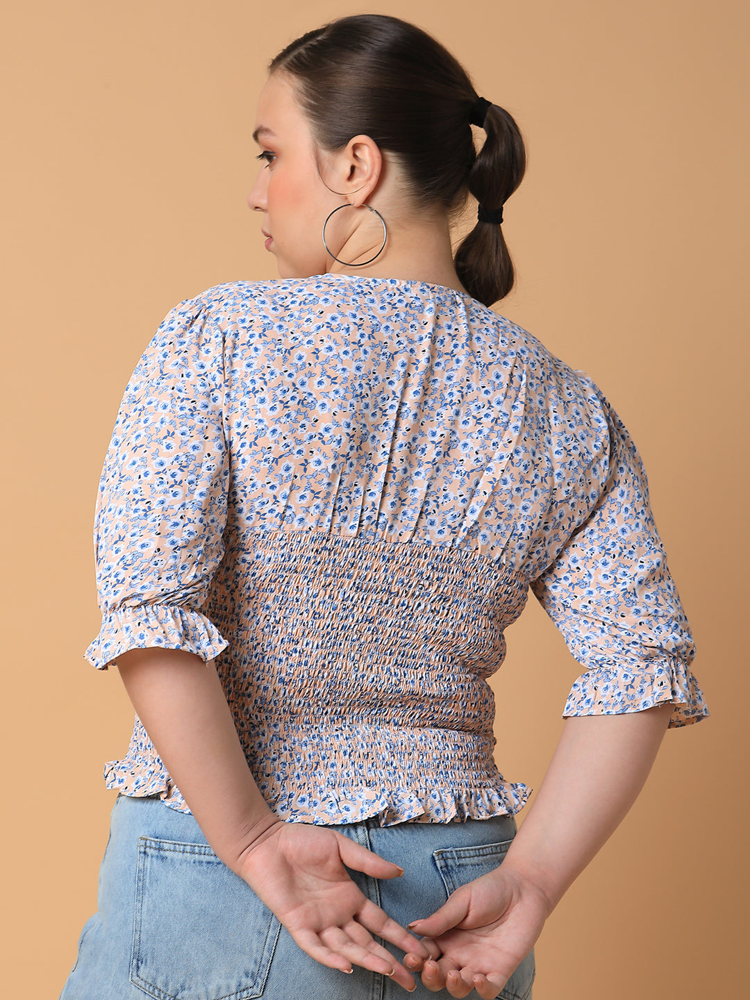 Women Floral Blue Smocking Top