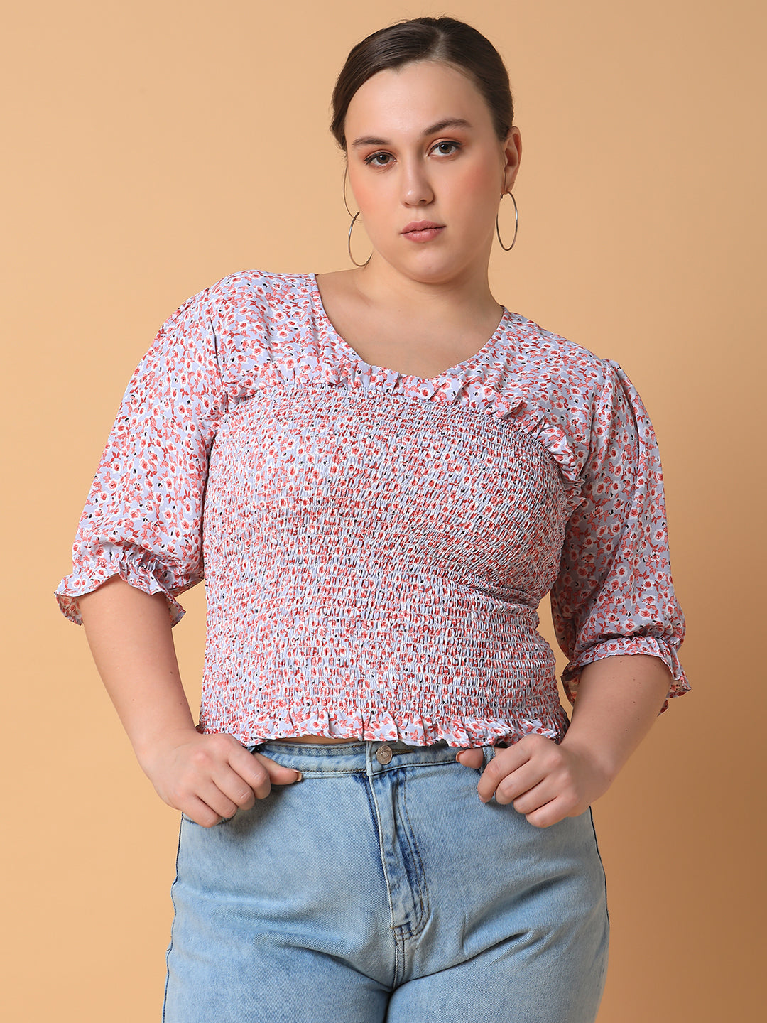 Women Floral Peach Smocking Top