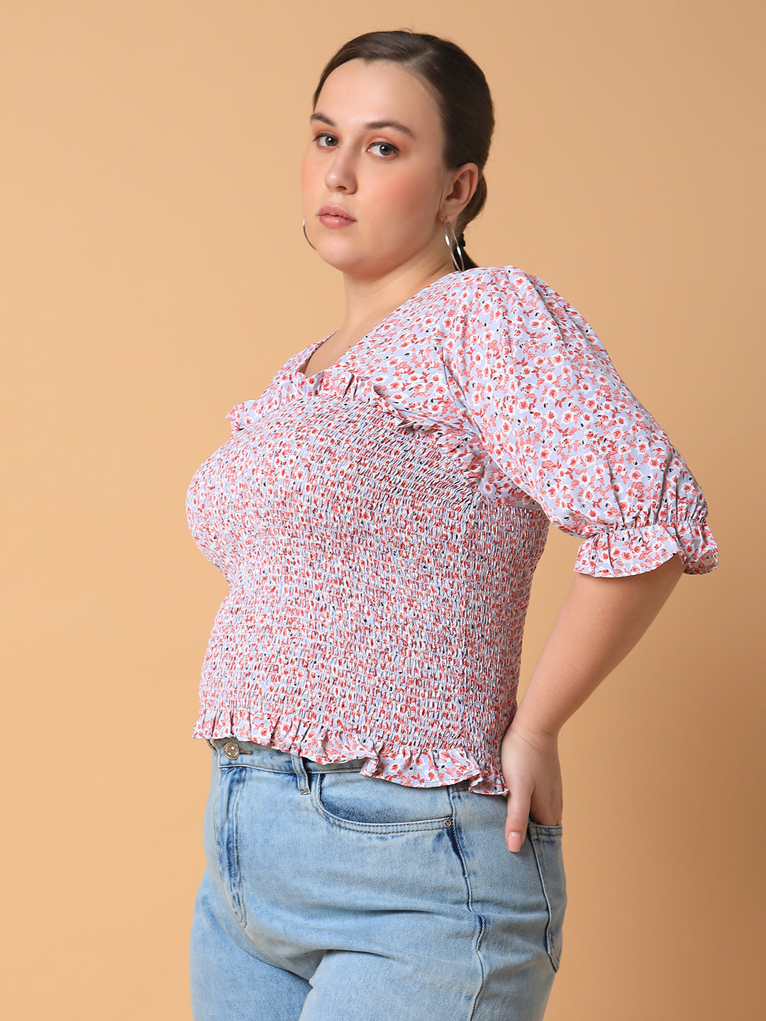 Women Floral Peach Smocking Top