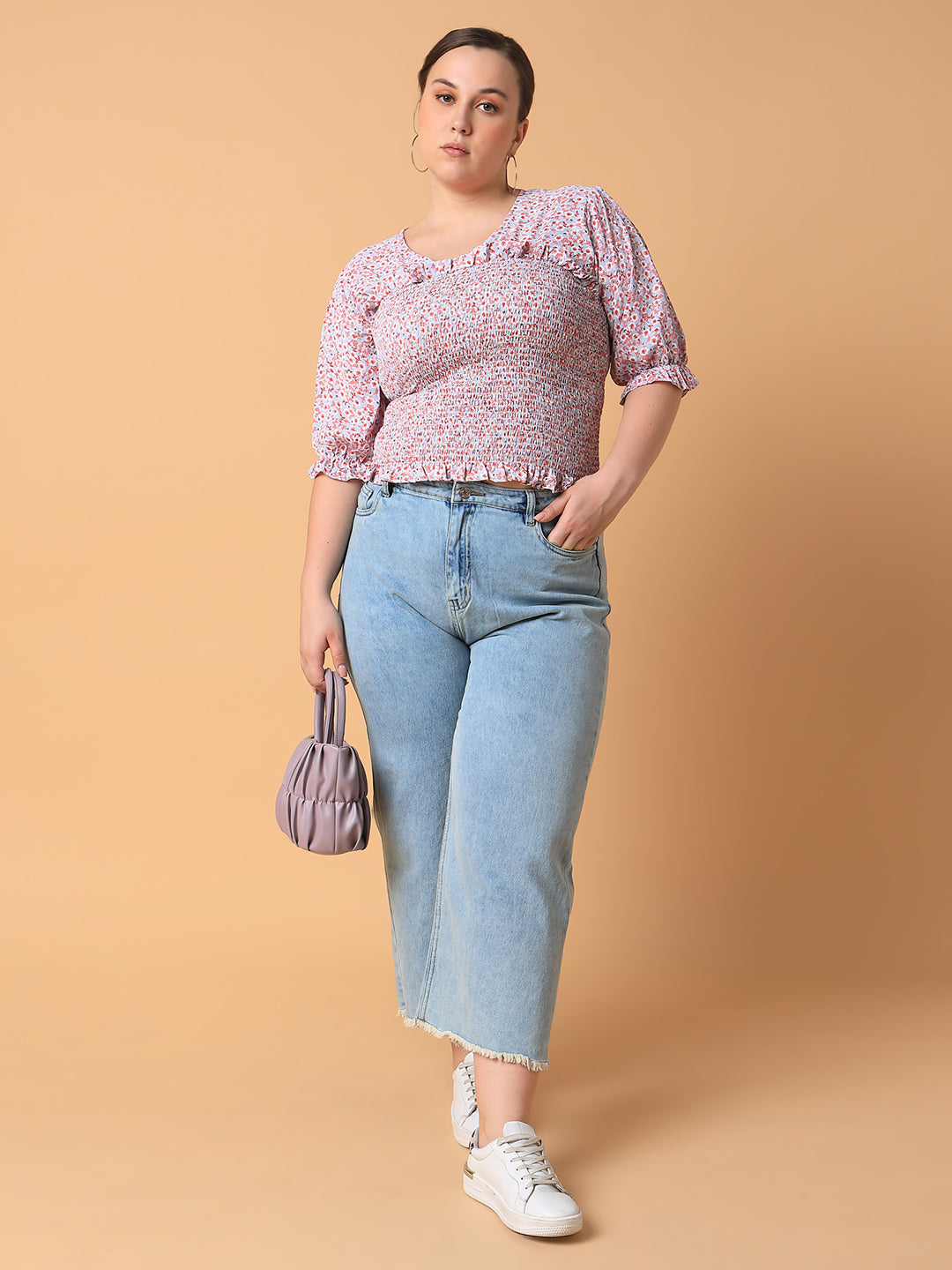 Women Floral Peach Smocking Top