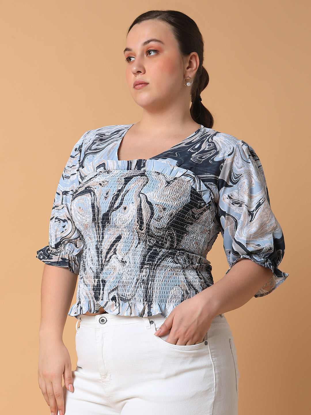 Women Abstract Blue Smocking Top