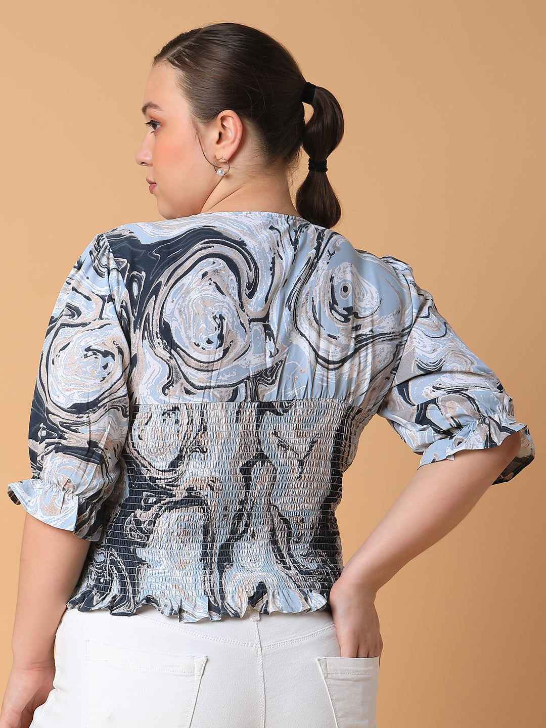 Women Abstract Blue Smocking Top