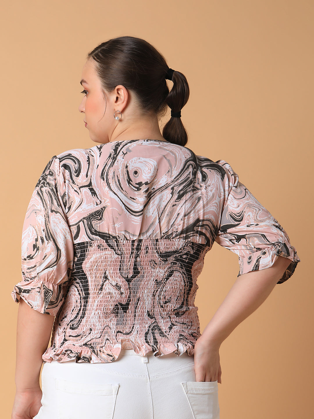 Women Abstract Peach Smocking Top