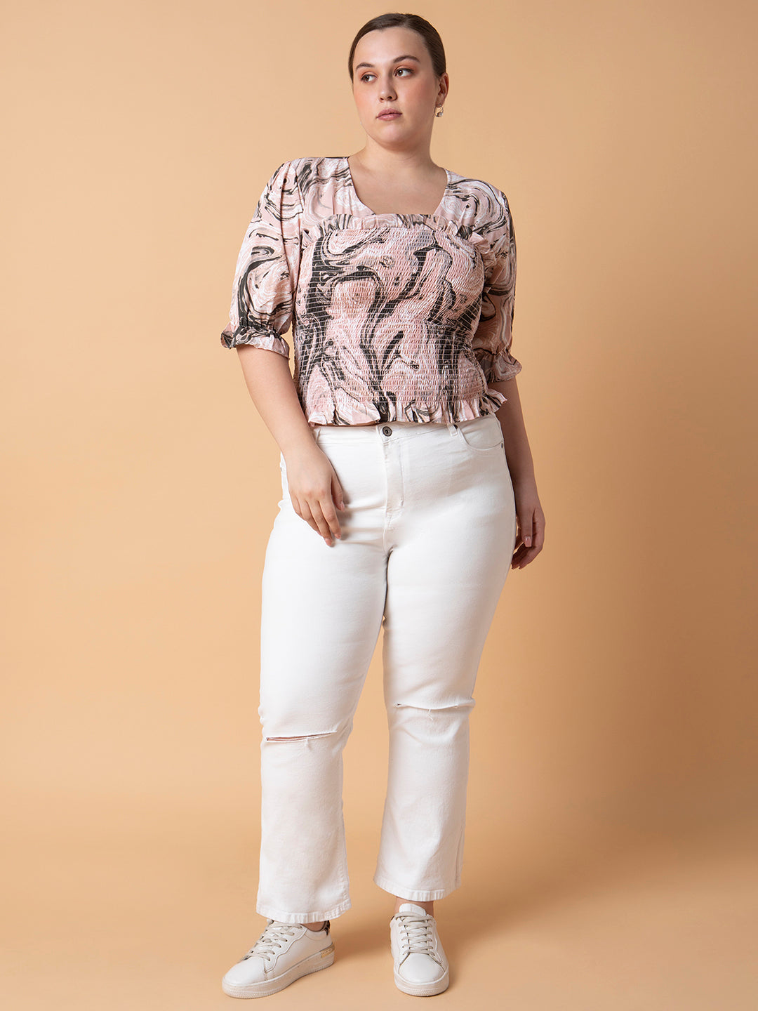 Women Abstract Peach Smocking Top