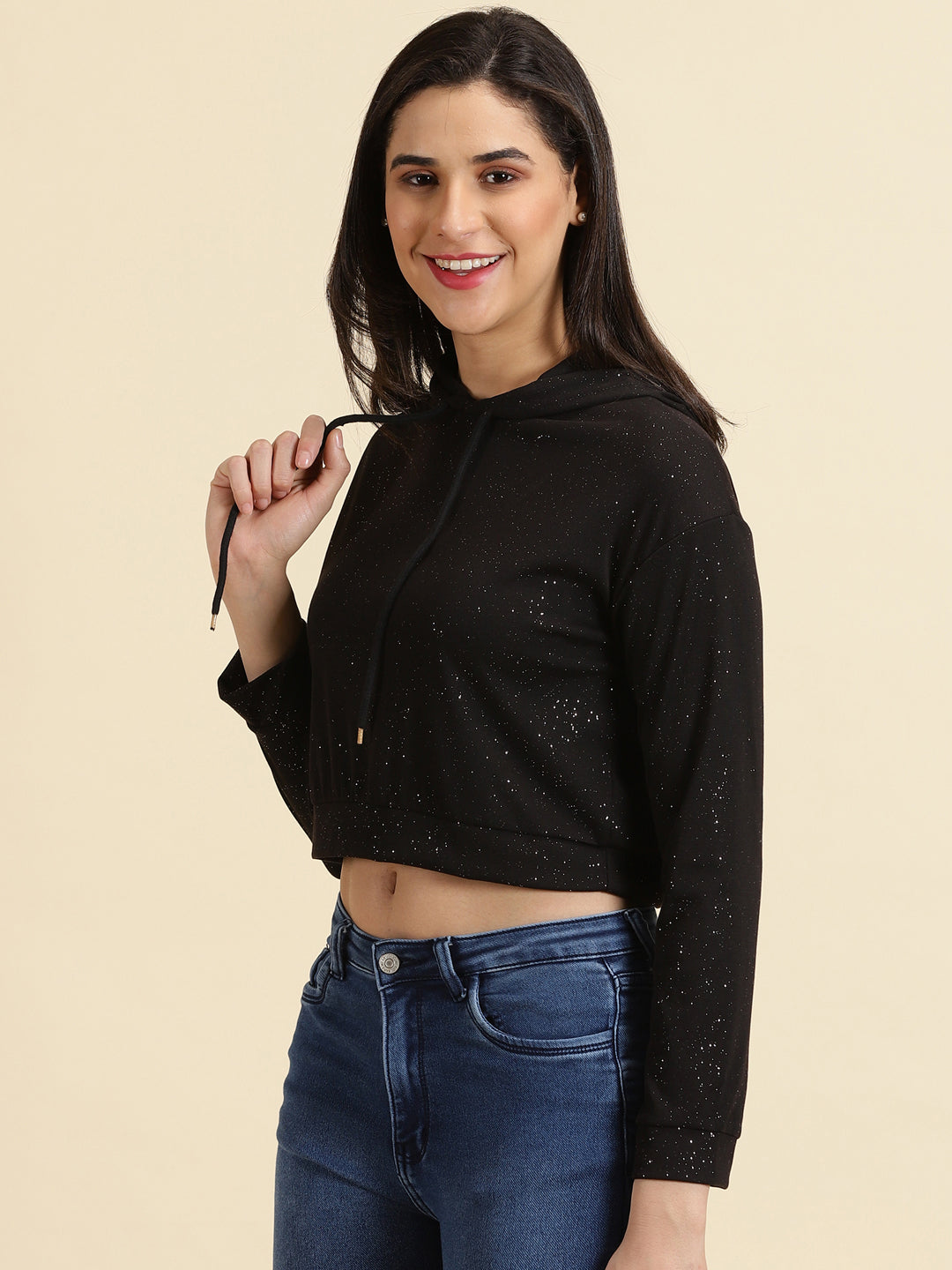 Women Hooded Black Crop Solid Pullover