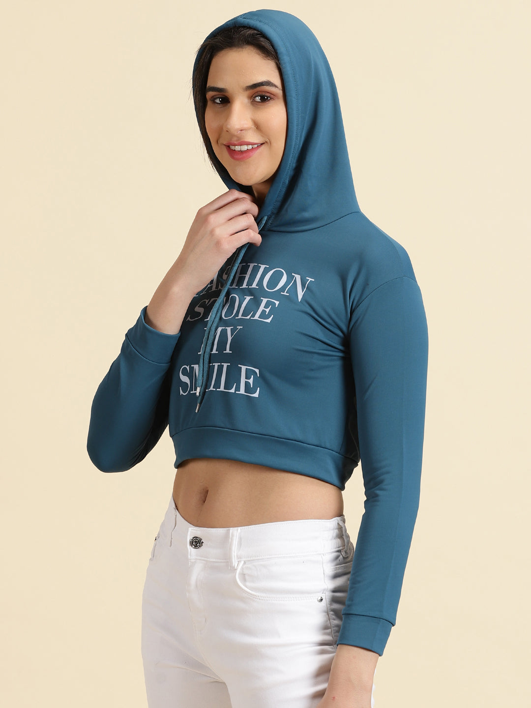 Women Hooded Teal Crop Typography Pullover