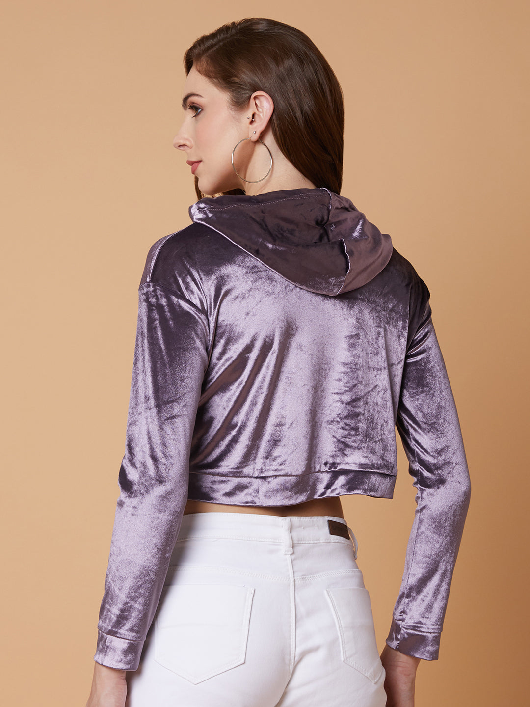 Women Solid Lavender Drop Shoulder Crop Pullover