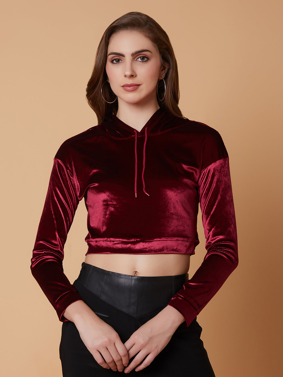 Women Solid Maroon Drop Shoulder Crop Pullover