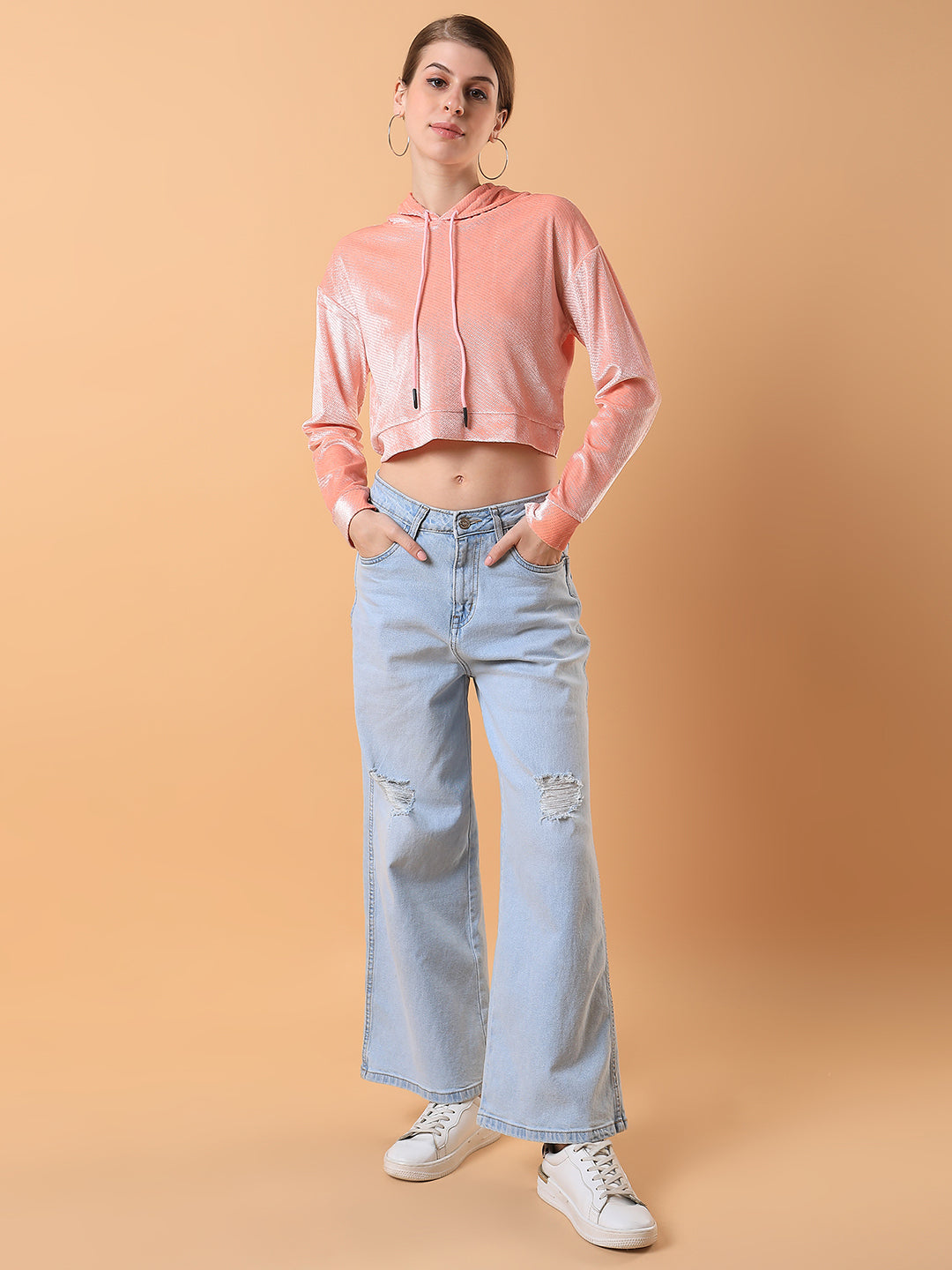 Women Solid Peach Drop Shoulder Crop Pullover
