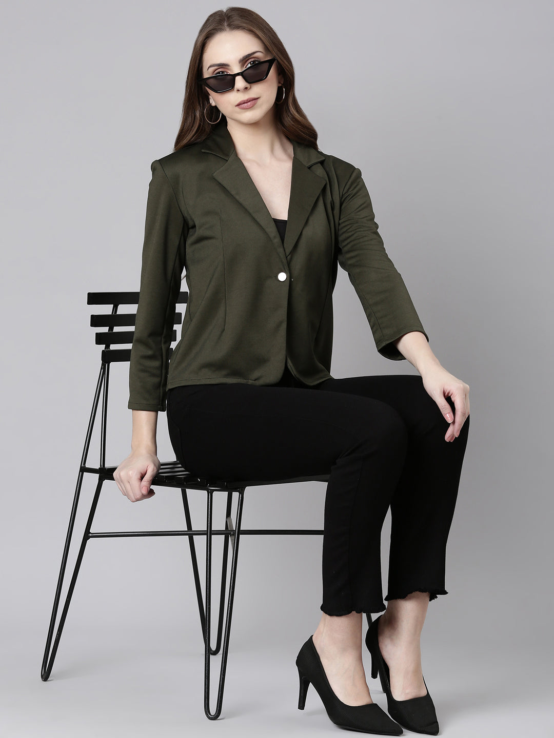 Women Olive Solid Single Breasted Blazer