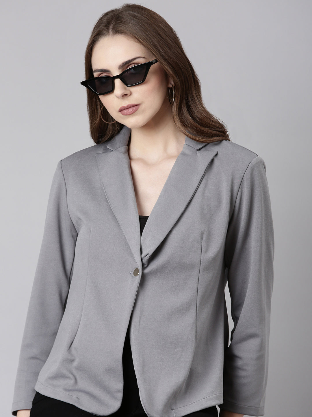 Women Grey Solid Single Breasted Blazer
