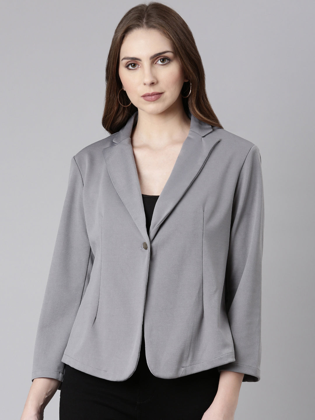 Women Grey Solid Single Breasted Blazer