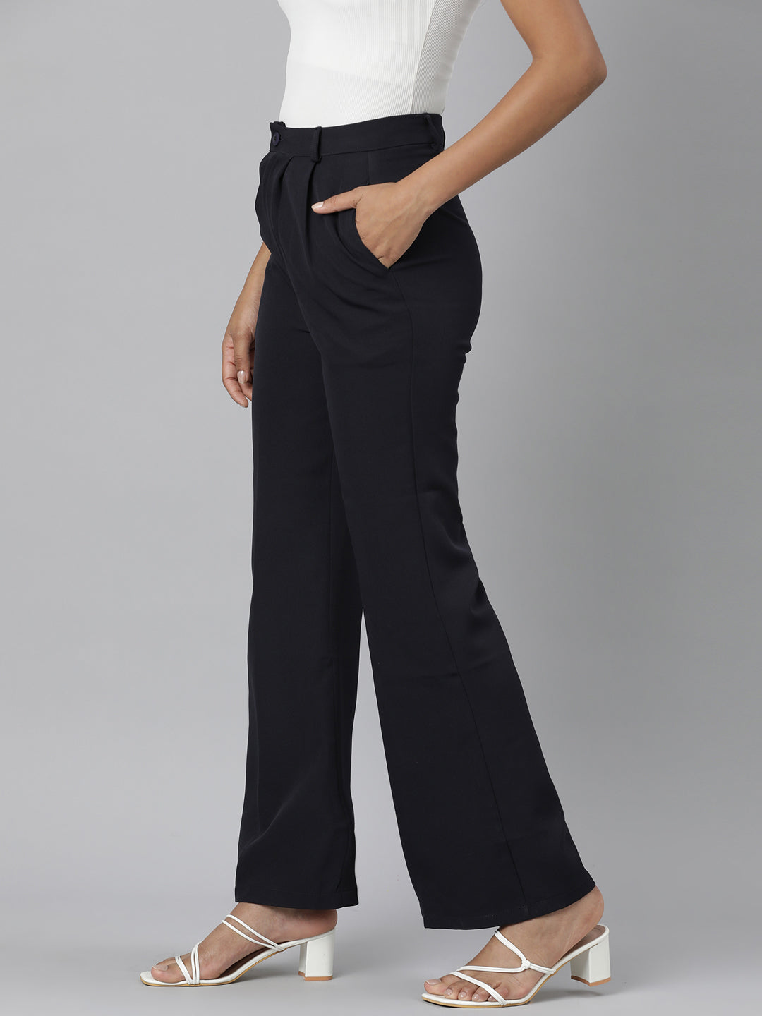 Women Navy Blue Solid Bootcut Trousers