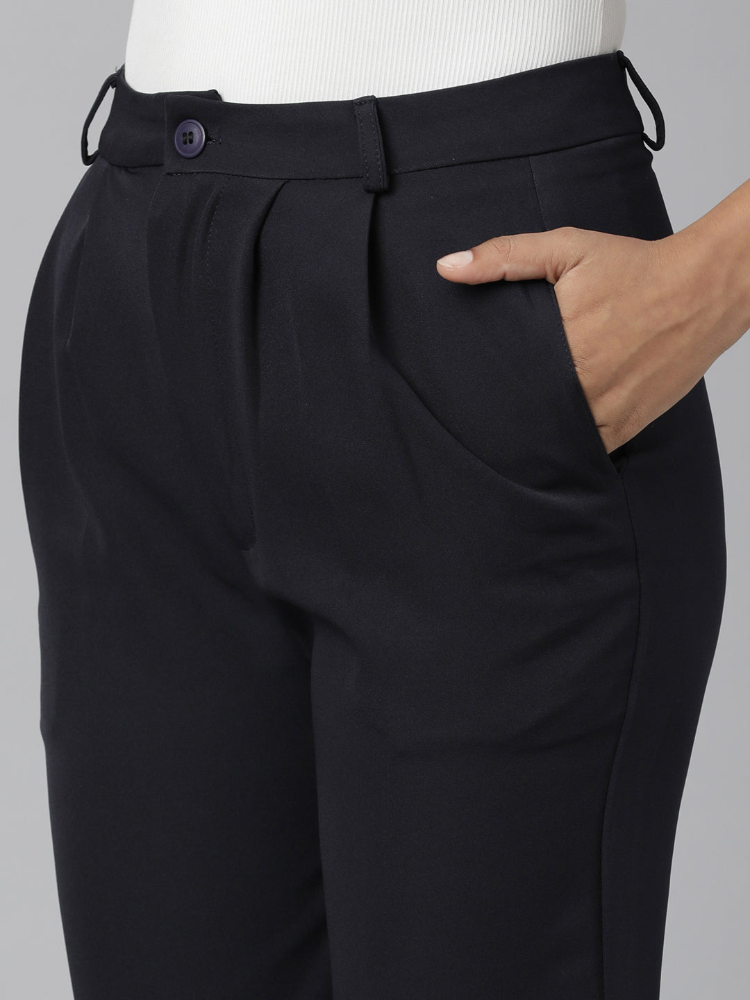 Women Navy Blue Solid Bootcut Trousers
