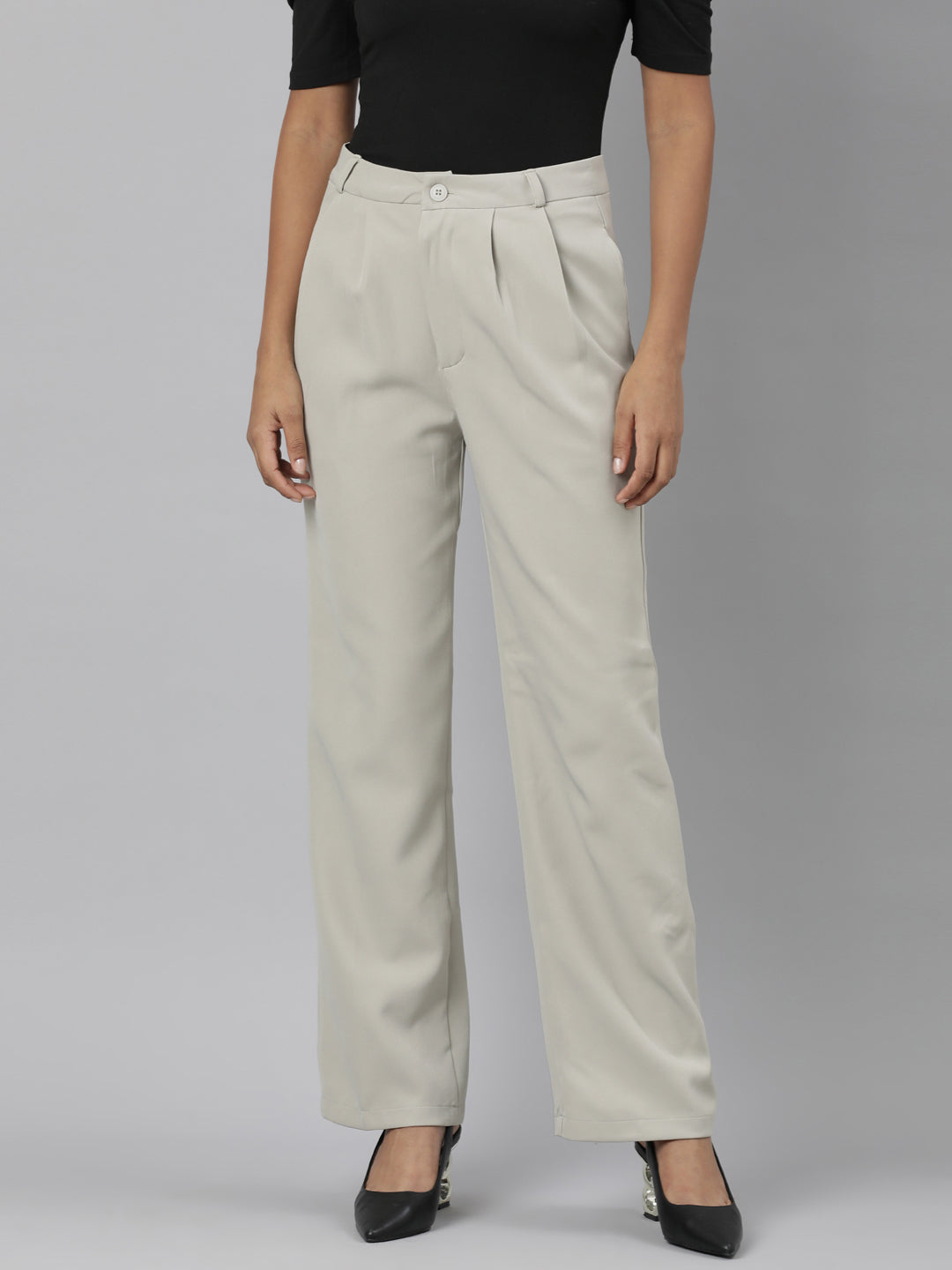 Women Beige Solid Parallel Trousers