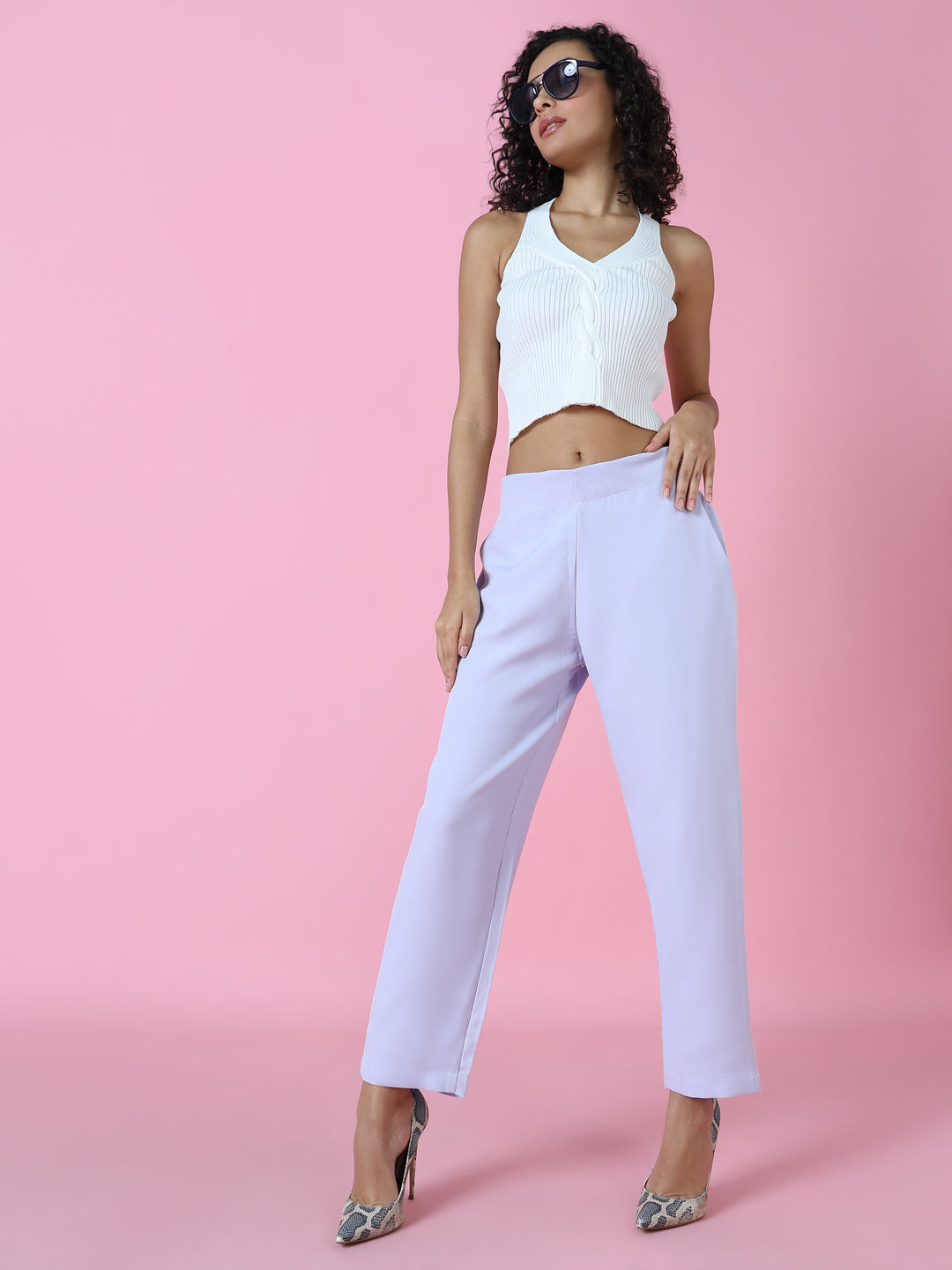 Women Solid Lavender Formal Trousers