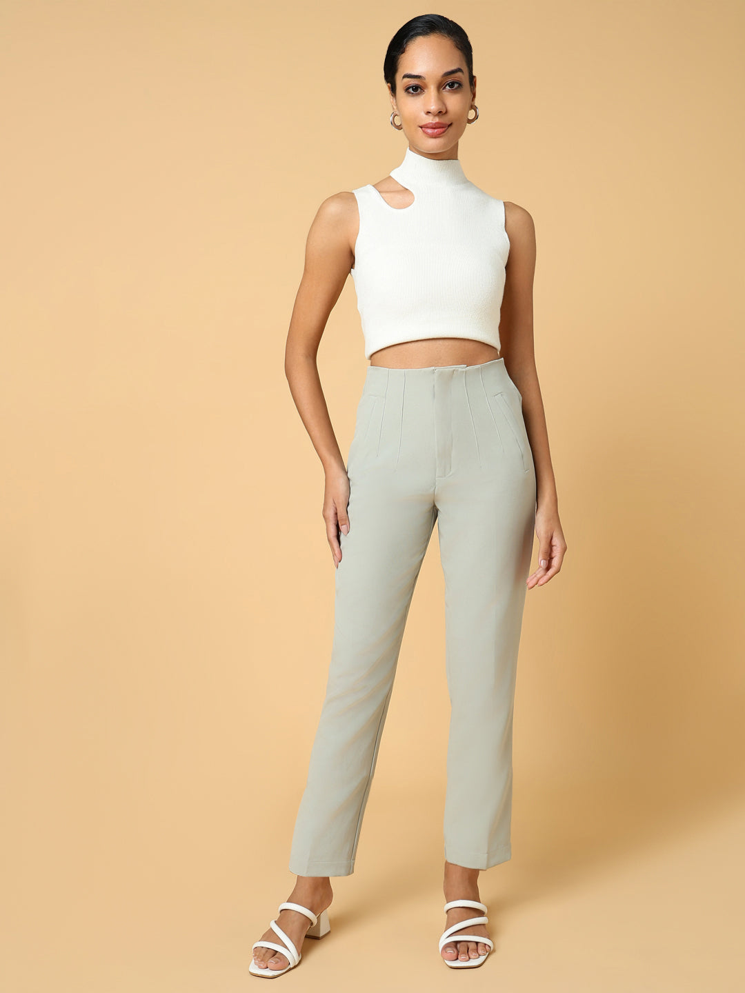 Women Solid Sea Green Formal Trouser