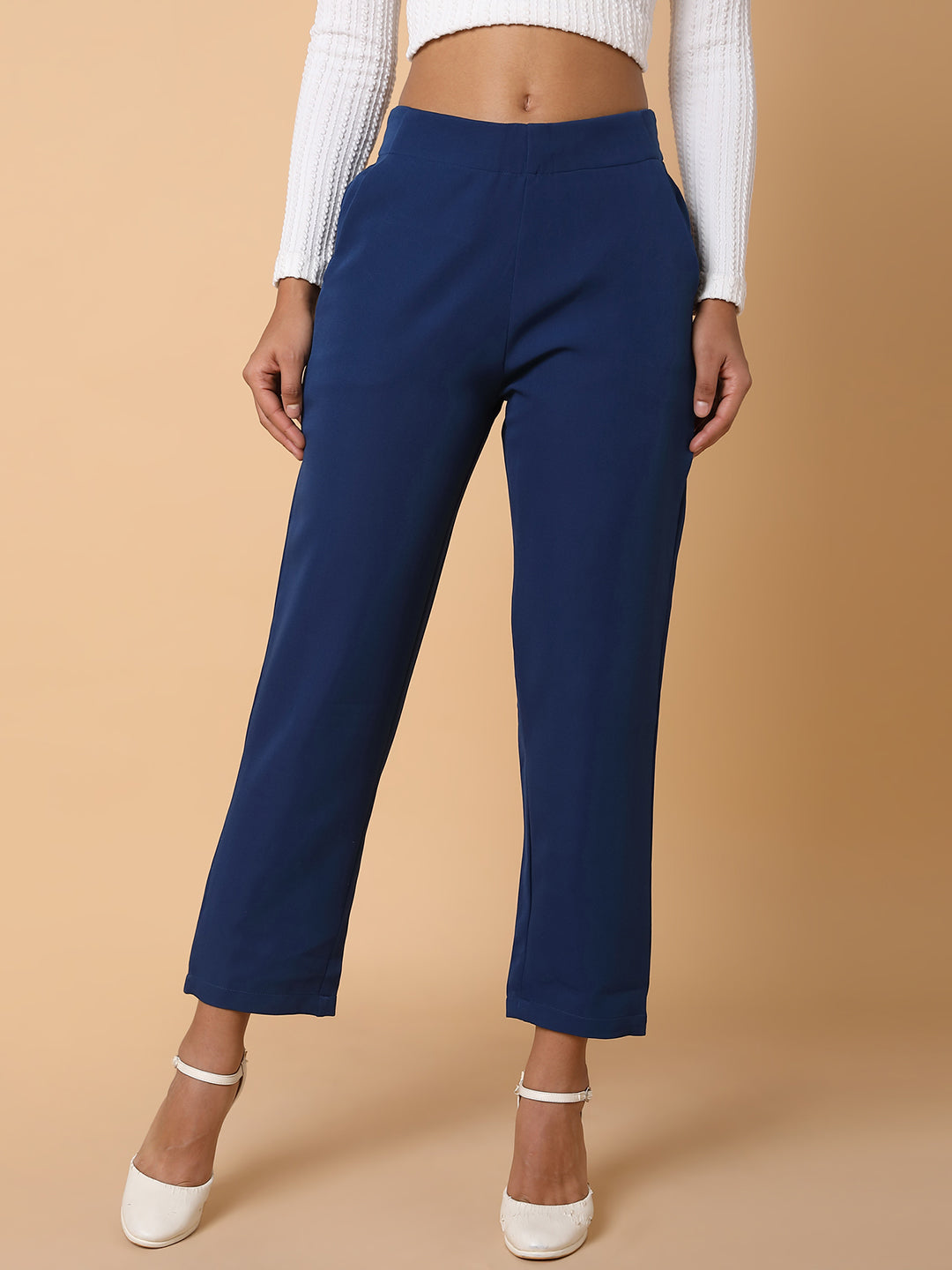 Women Flat Front Solid Blue Formal Trousers