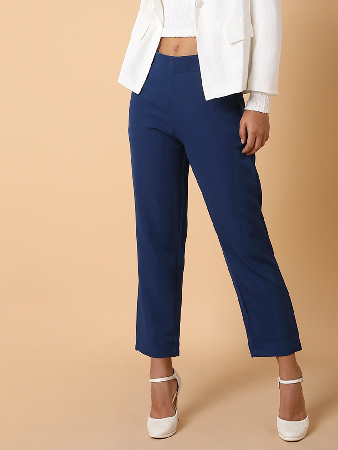 Women Flat Front Solid Blue Formal Trousers