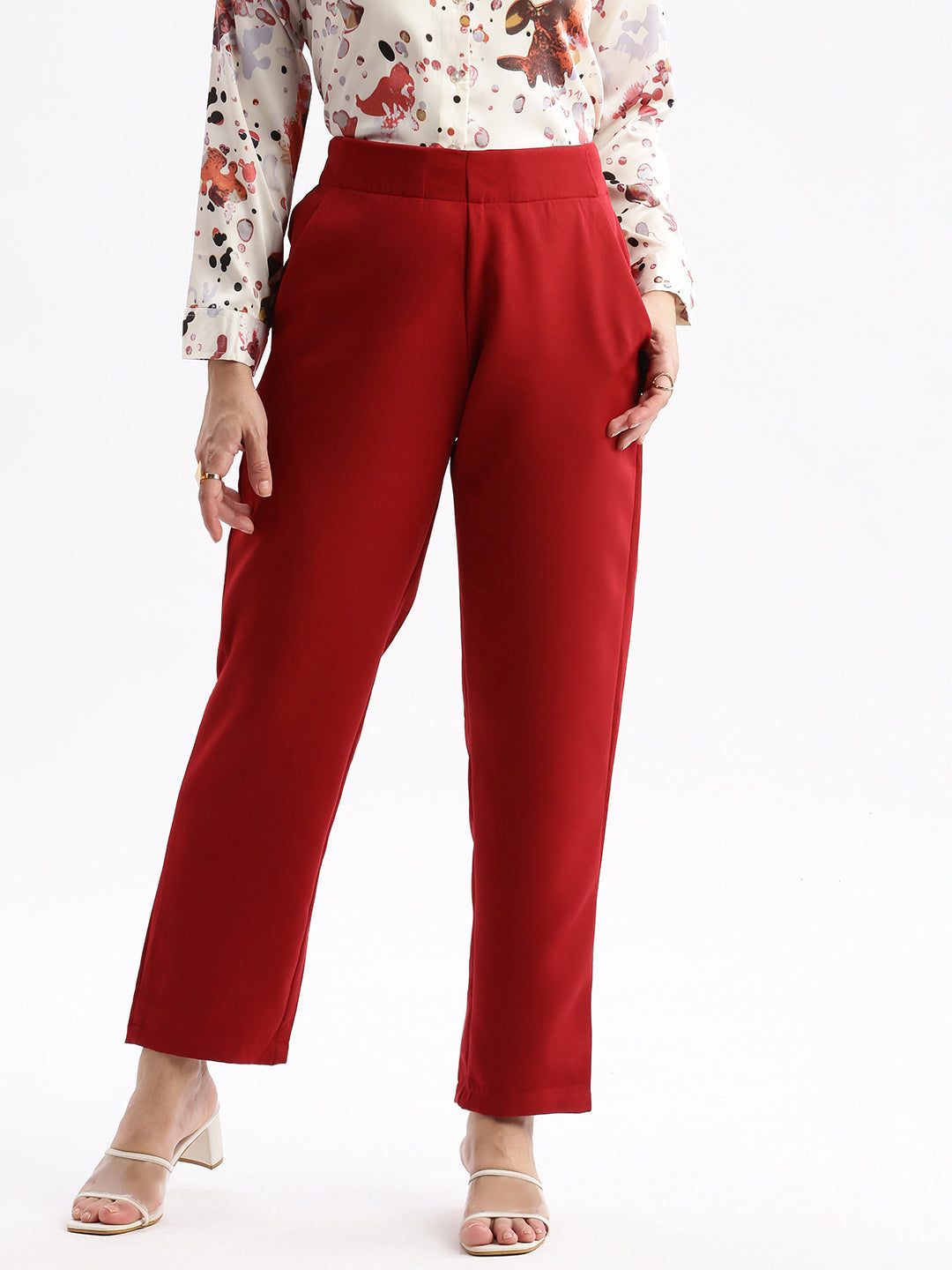 Women Flat Front Solid Maroon Formal Trousers