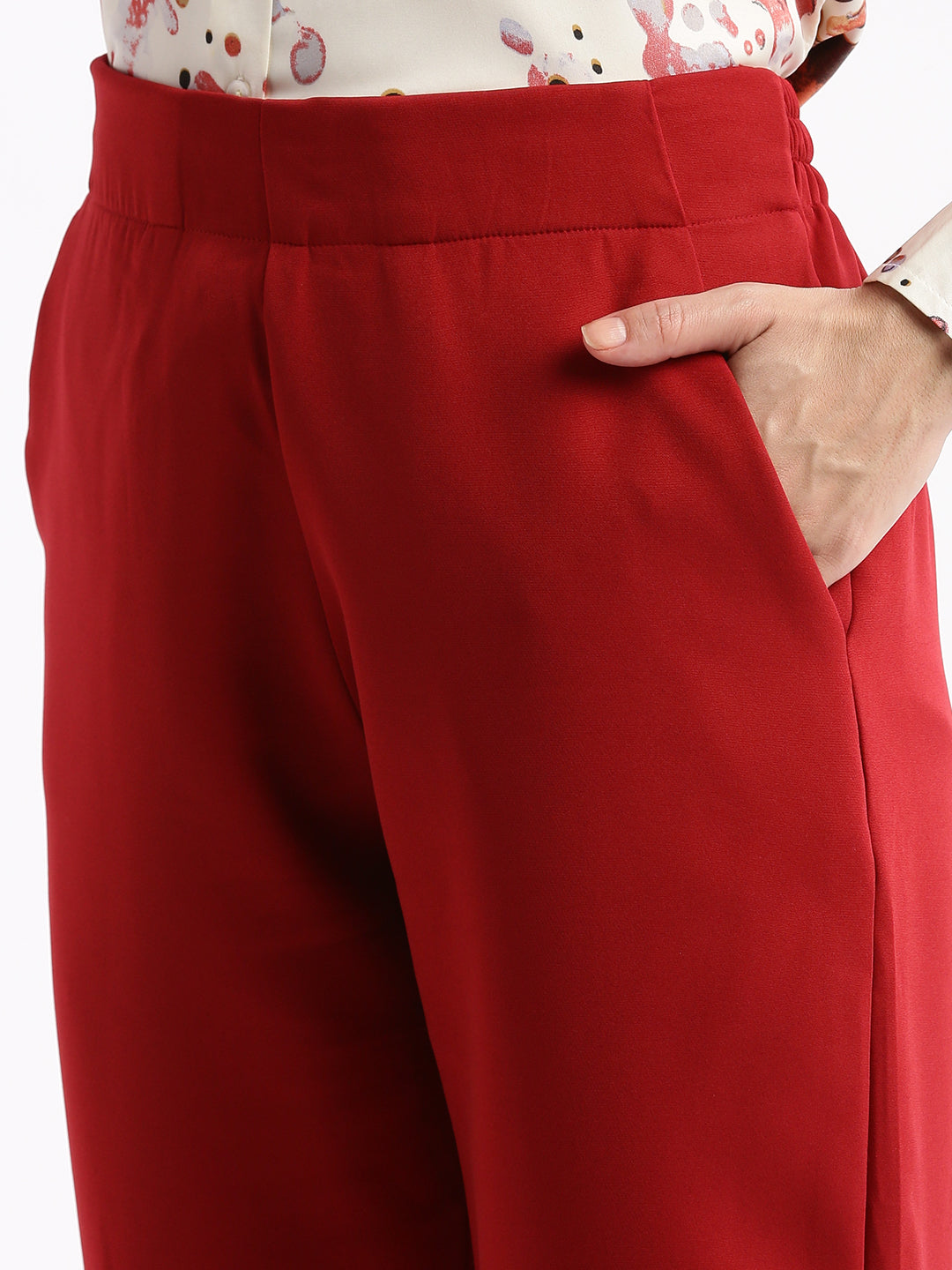 Women Flat Front Solid Maroon Formal Trousers