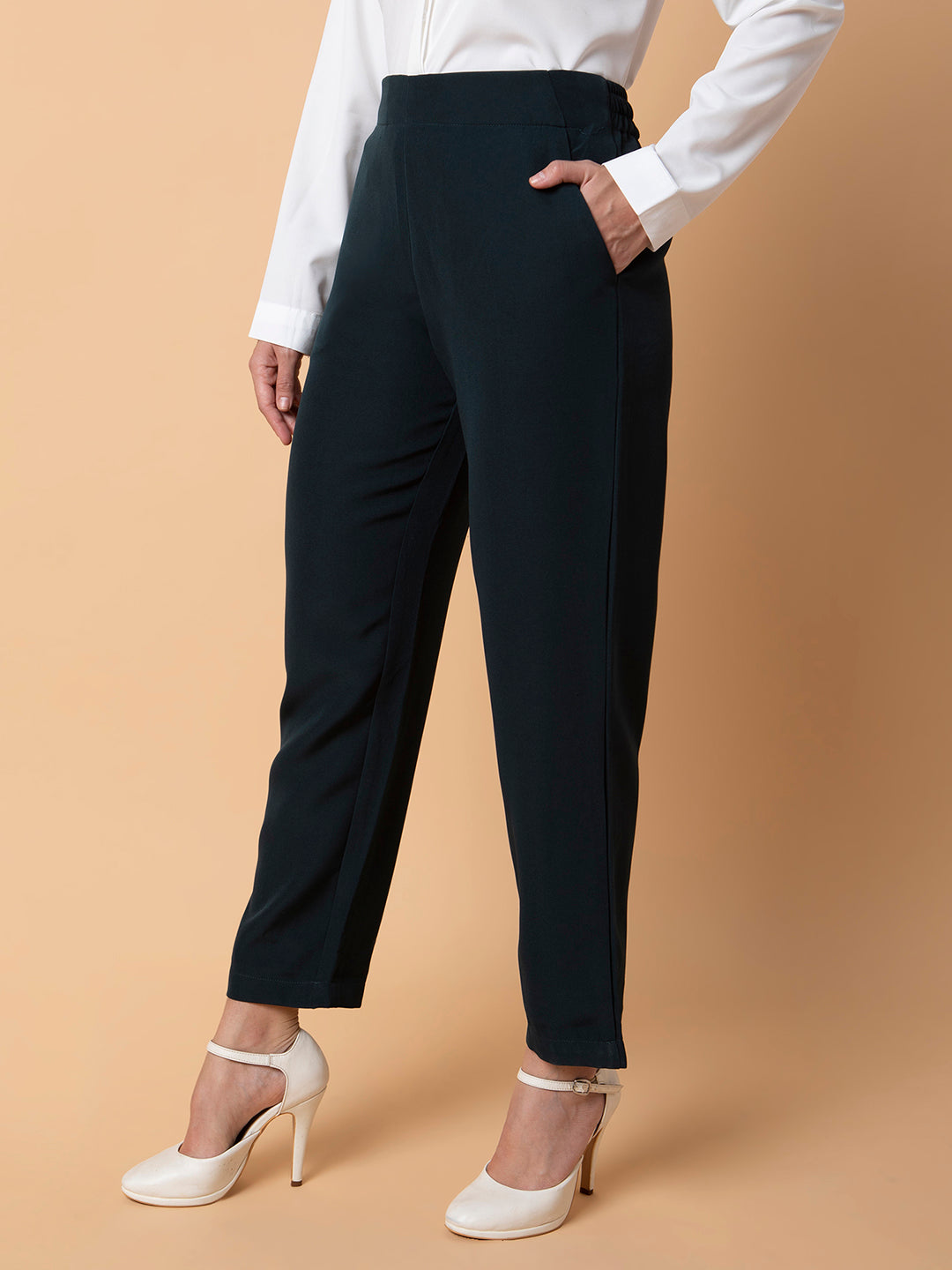 Women Flat Front Solid Green Formal Trousers