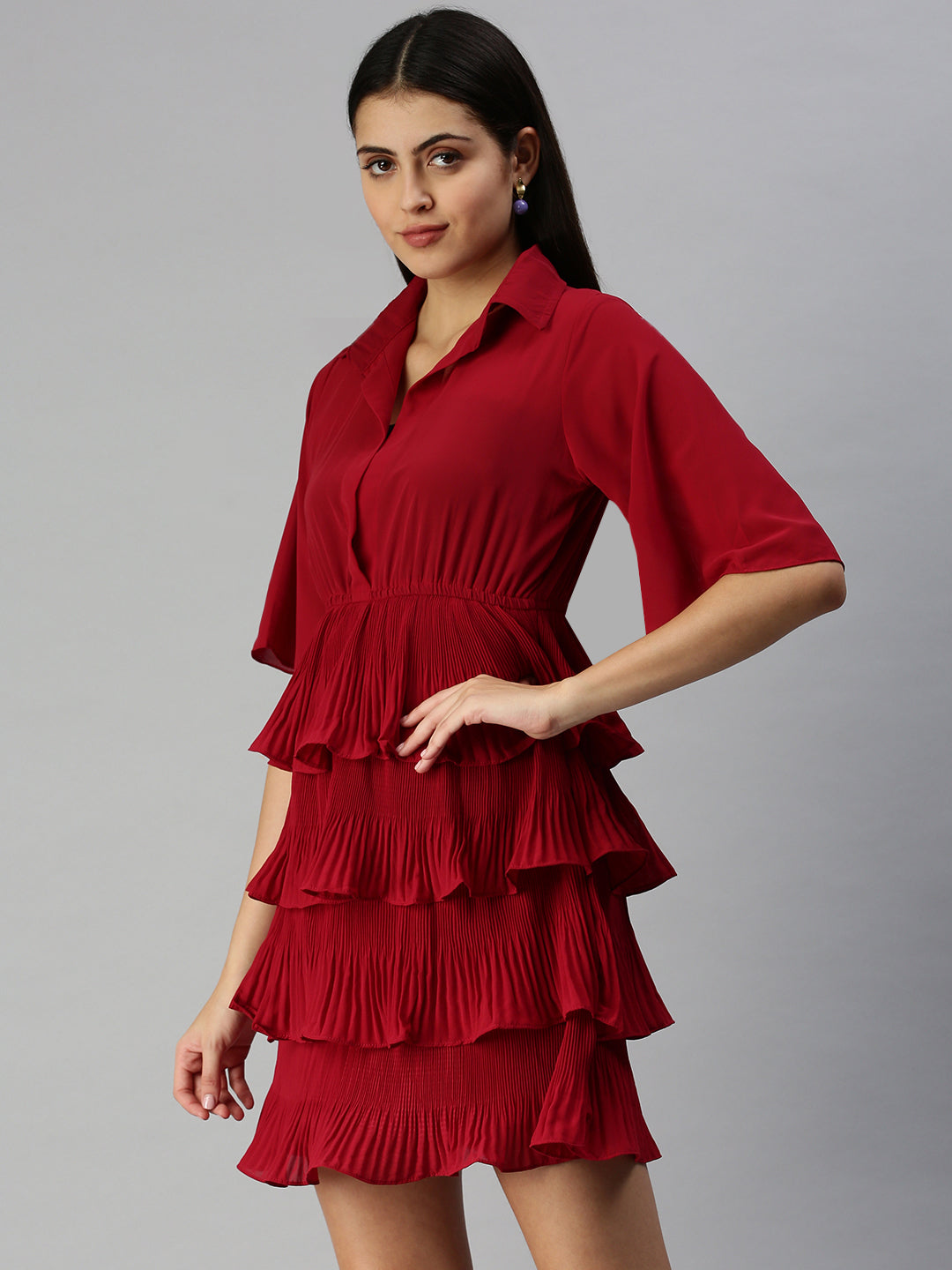 Women Solid Fit and Flare Maroon Dress