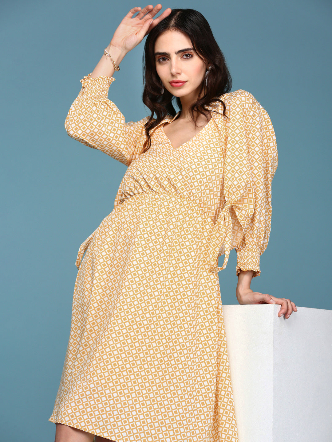 Women's Yellow Printed Fit and Flare Dress