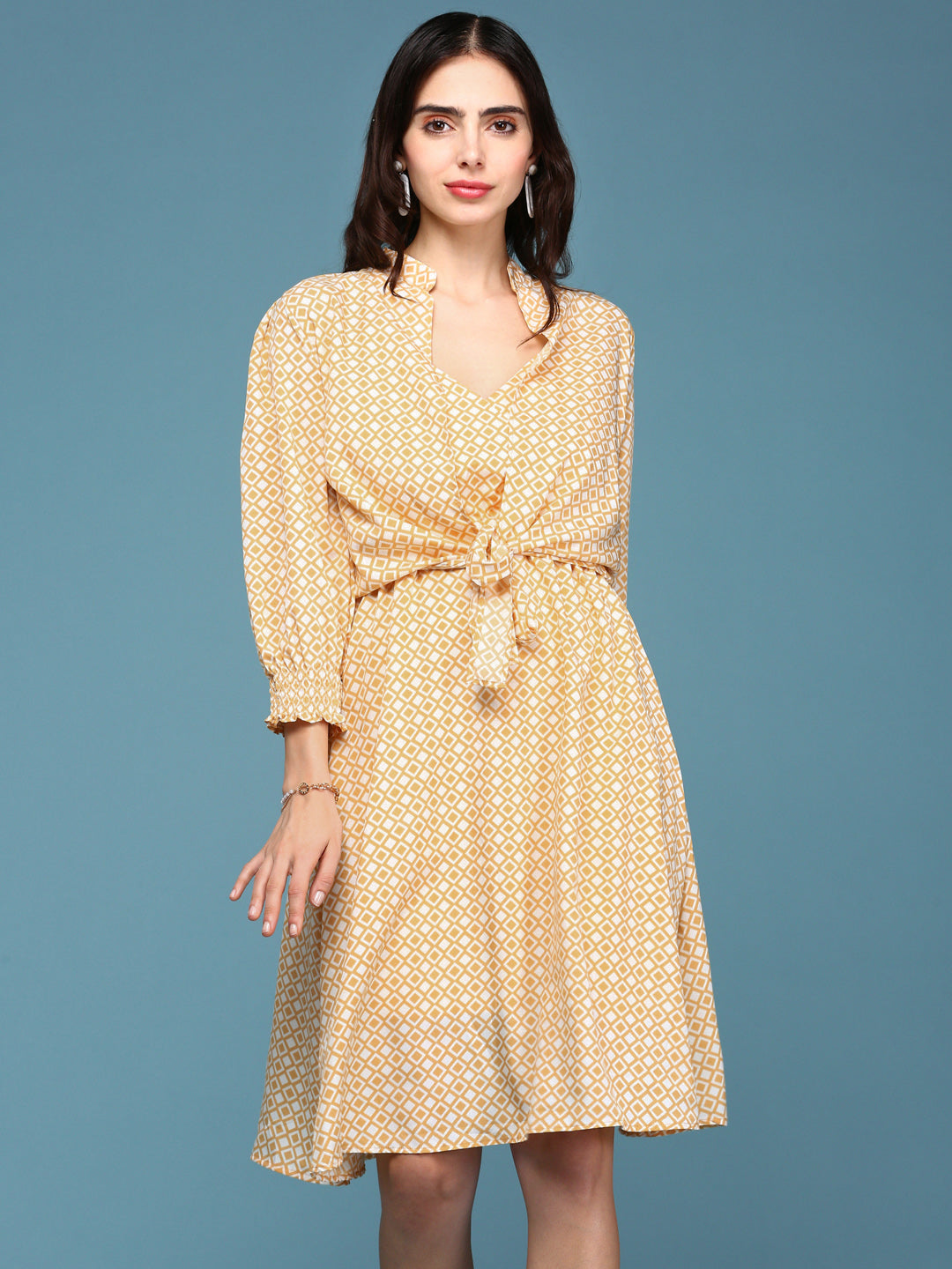 Women's Yellow Printed Fit and Flare Dress