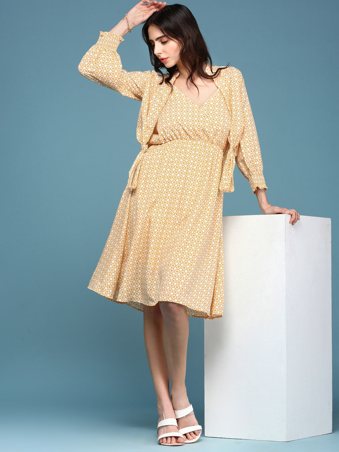 Women's Yellow Printed Fit and Flare Dress