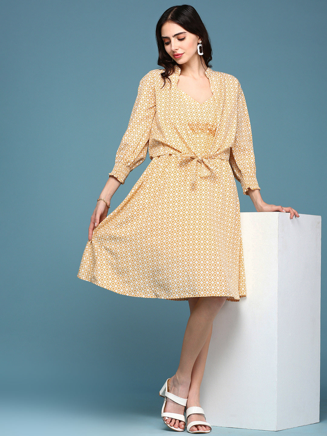 Women's Yellow Printed Fit and Flare Dress