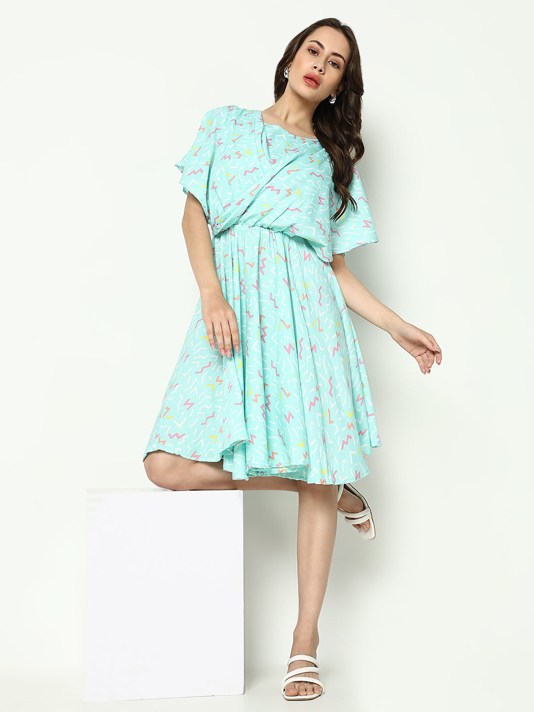 Women's Sea Green Printed Fit and Flare Dress