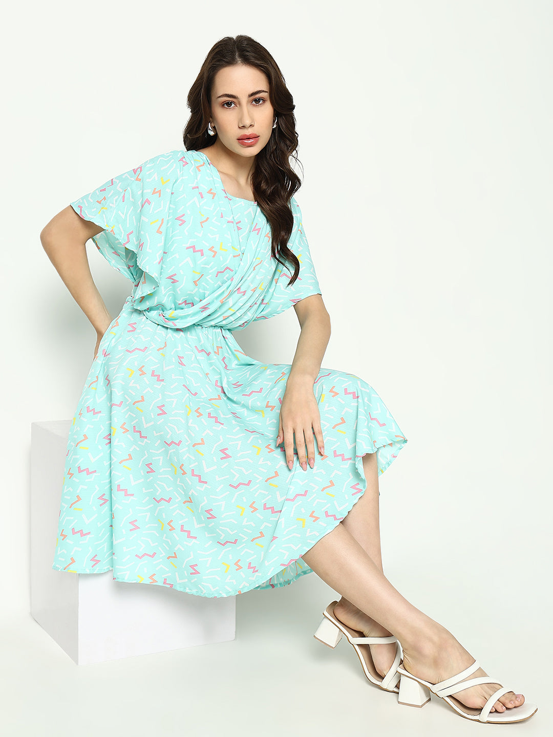 Women's Sea Green Printed Fit and Flare Dress