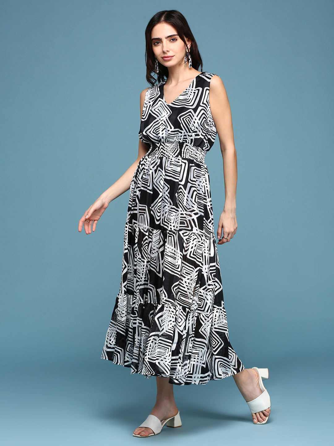 Women's Black Printed Fit and Flare Dress