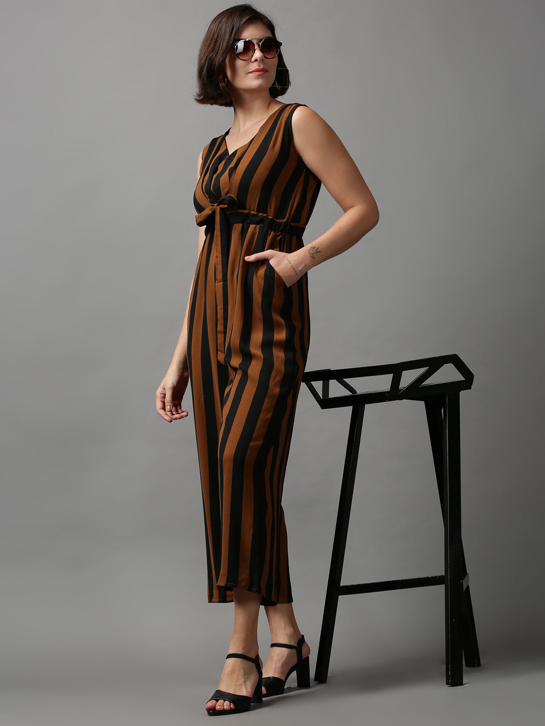 Women's Brown Striped Jumpsuit