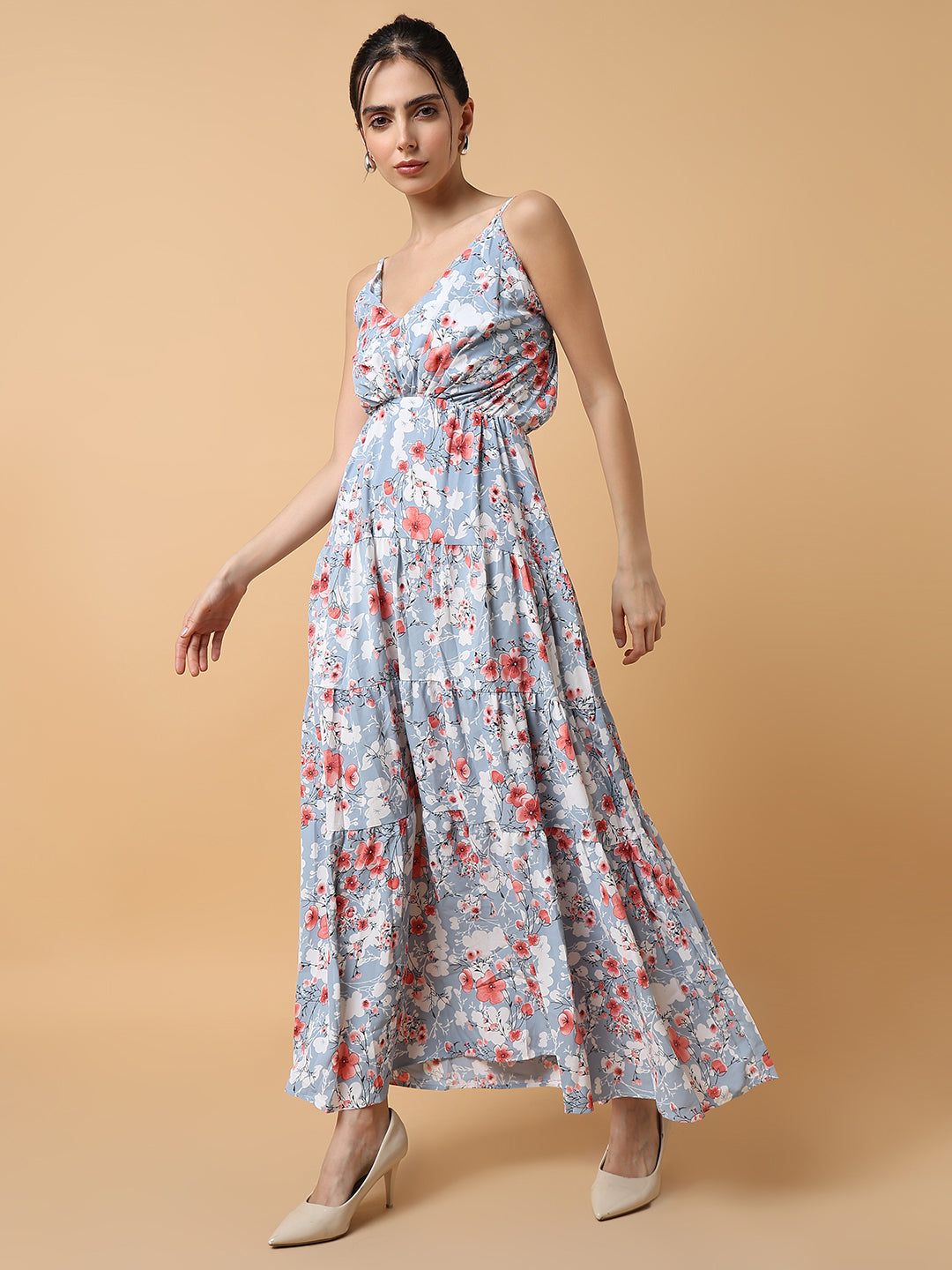 Women's Blue Printed Fit and Flare Dress