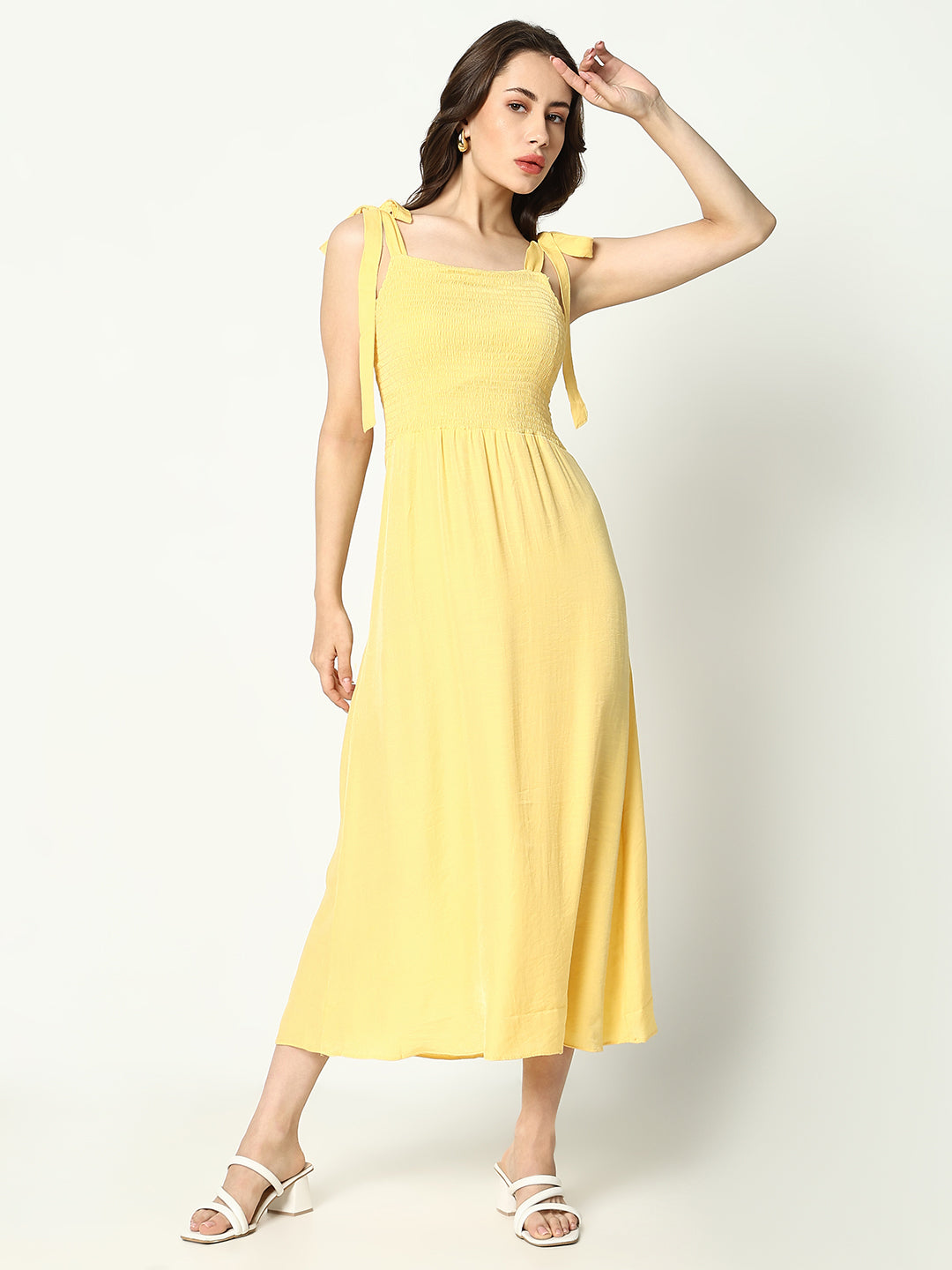 Women's Yellow Solid Fit and Flare Dress