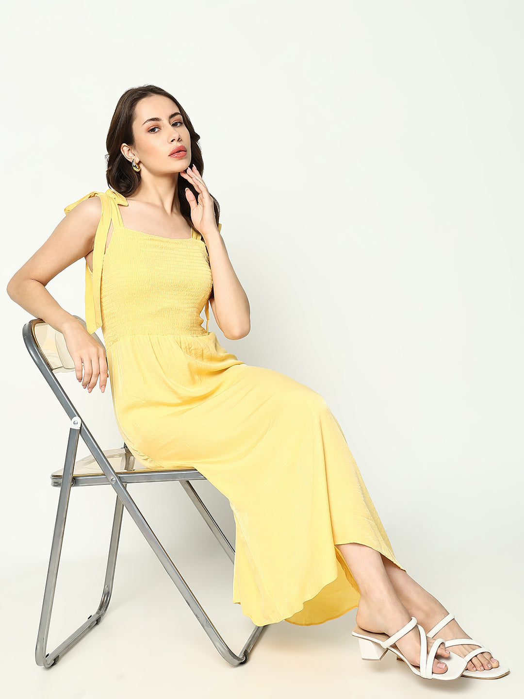 Women's Yellow Solid Fit and Flare Dress