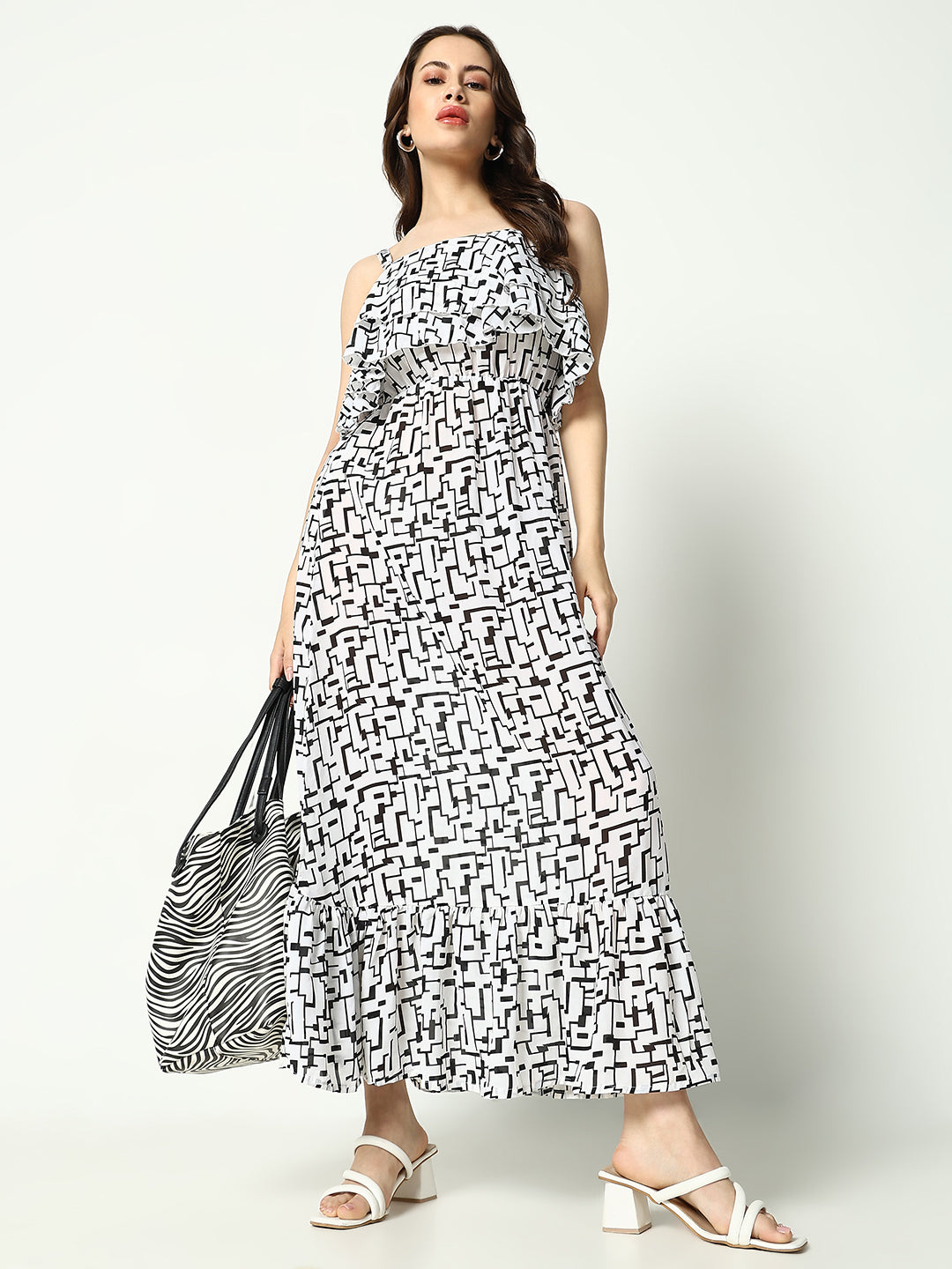 Women's White Printed Fit and Flare Dress