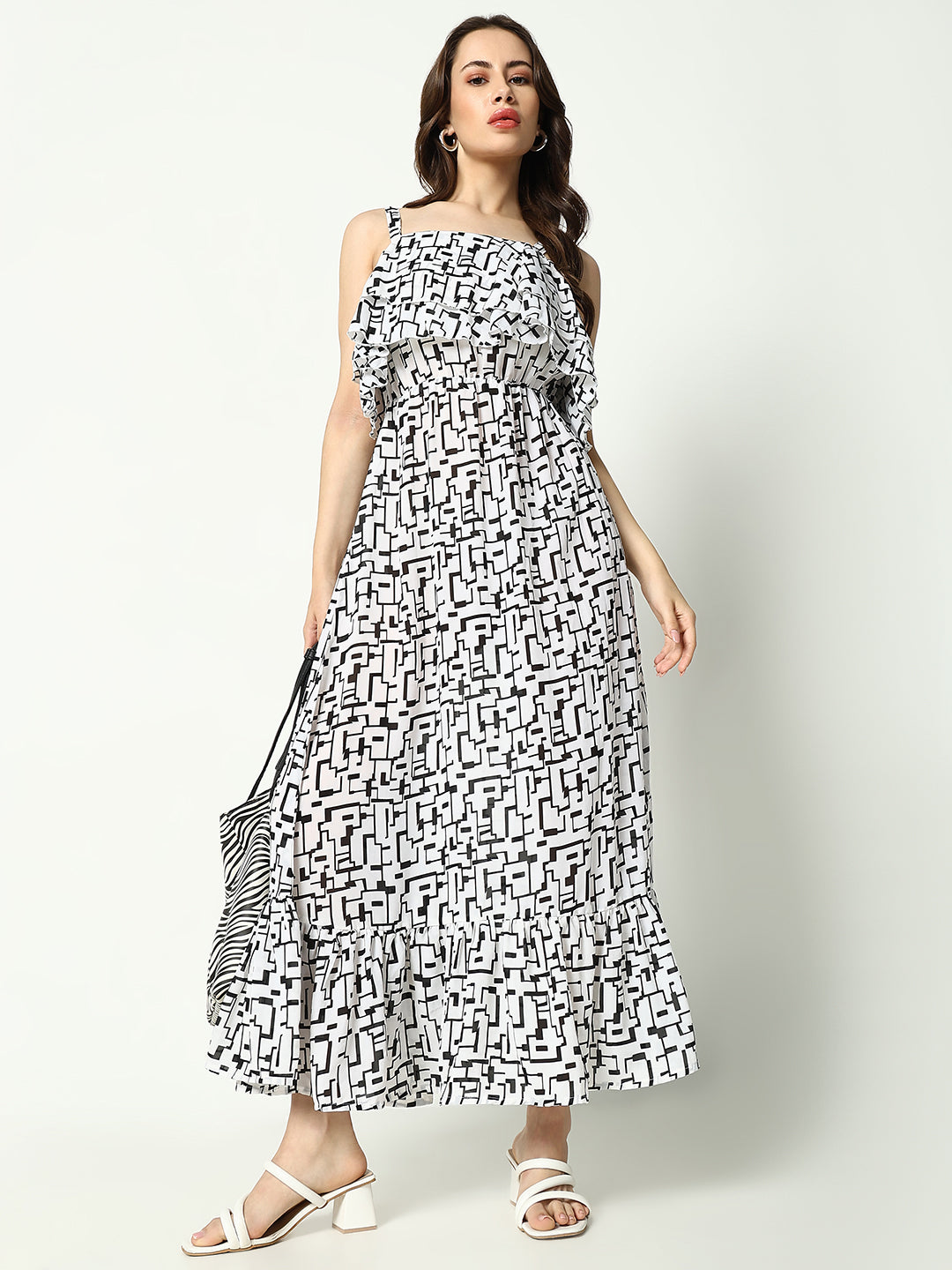 Women's White Printed Fit and Flare Dress