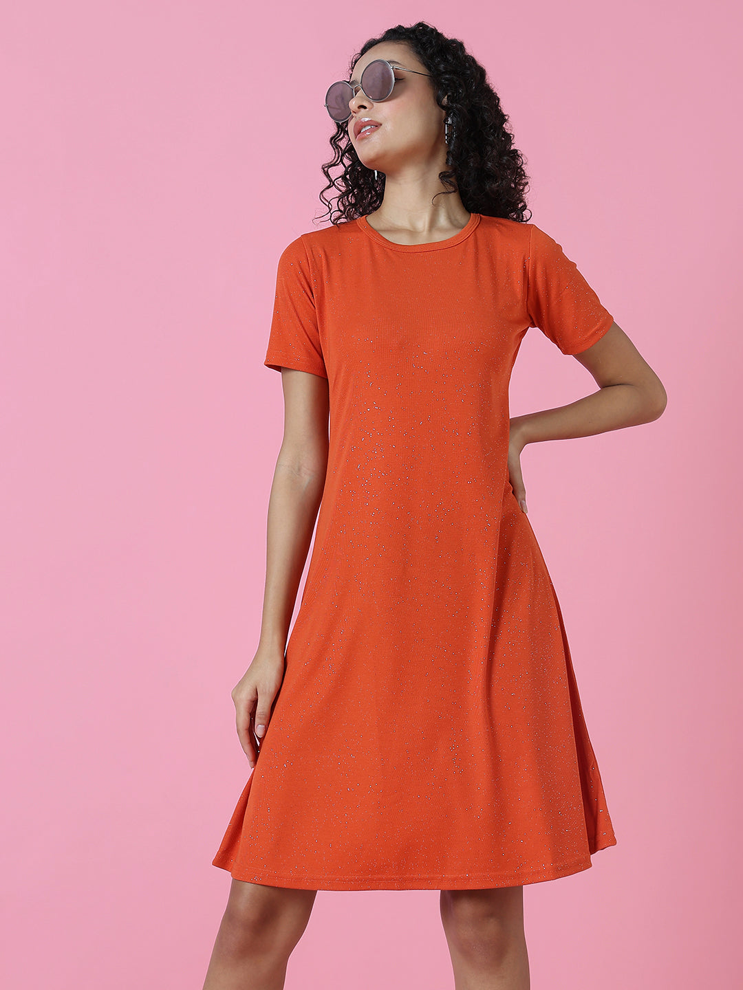 Women's Orange Embellished A-Line Dress