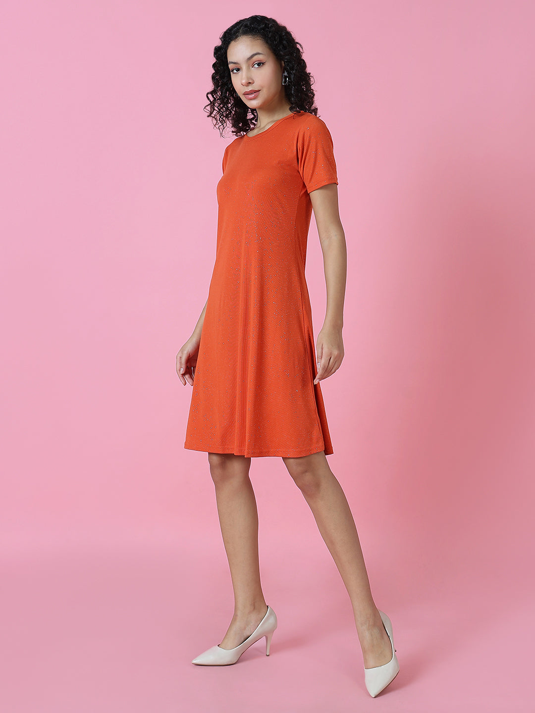 Women's Orange Embellished A-Line Dress