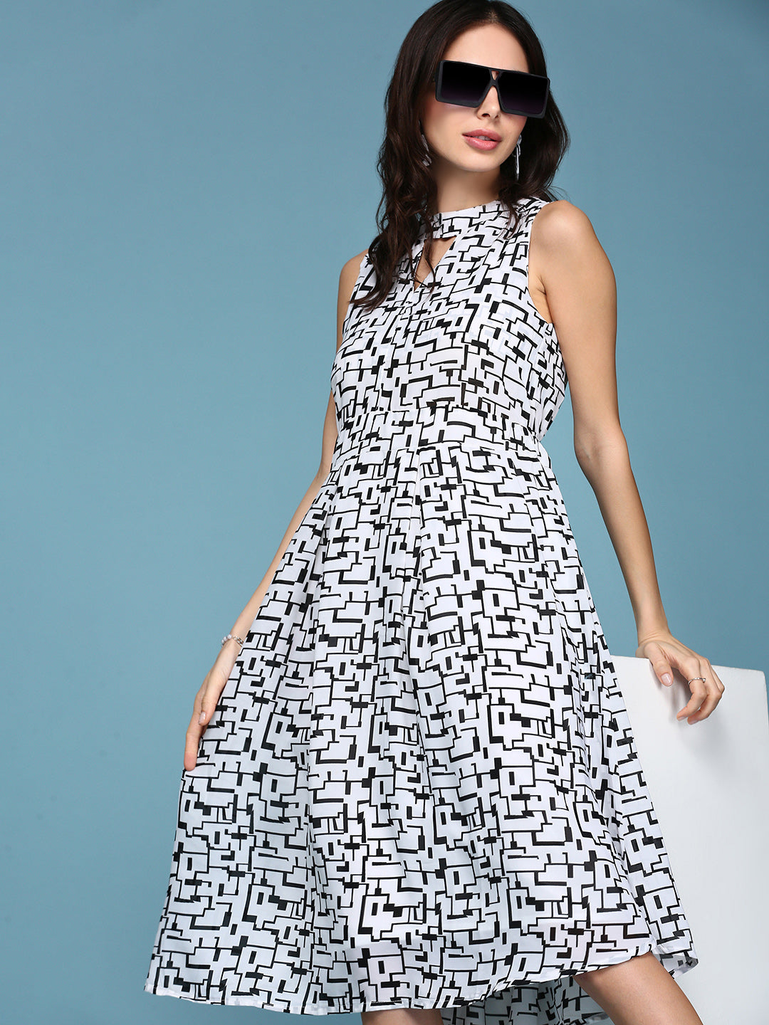 Women's White Geometrical Fit and Flare Dress