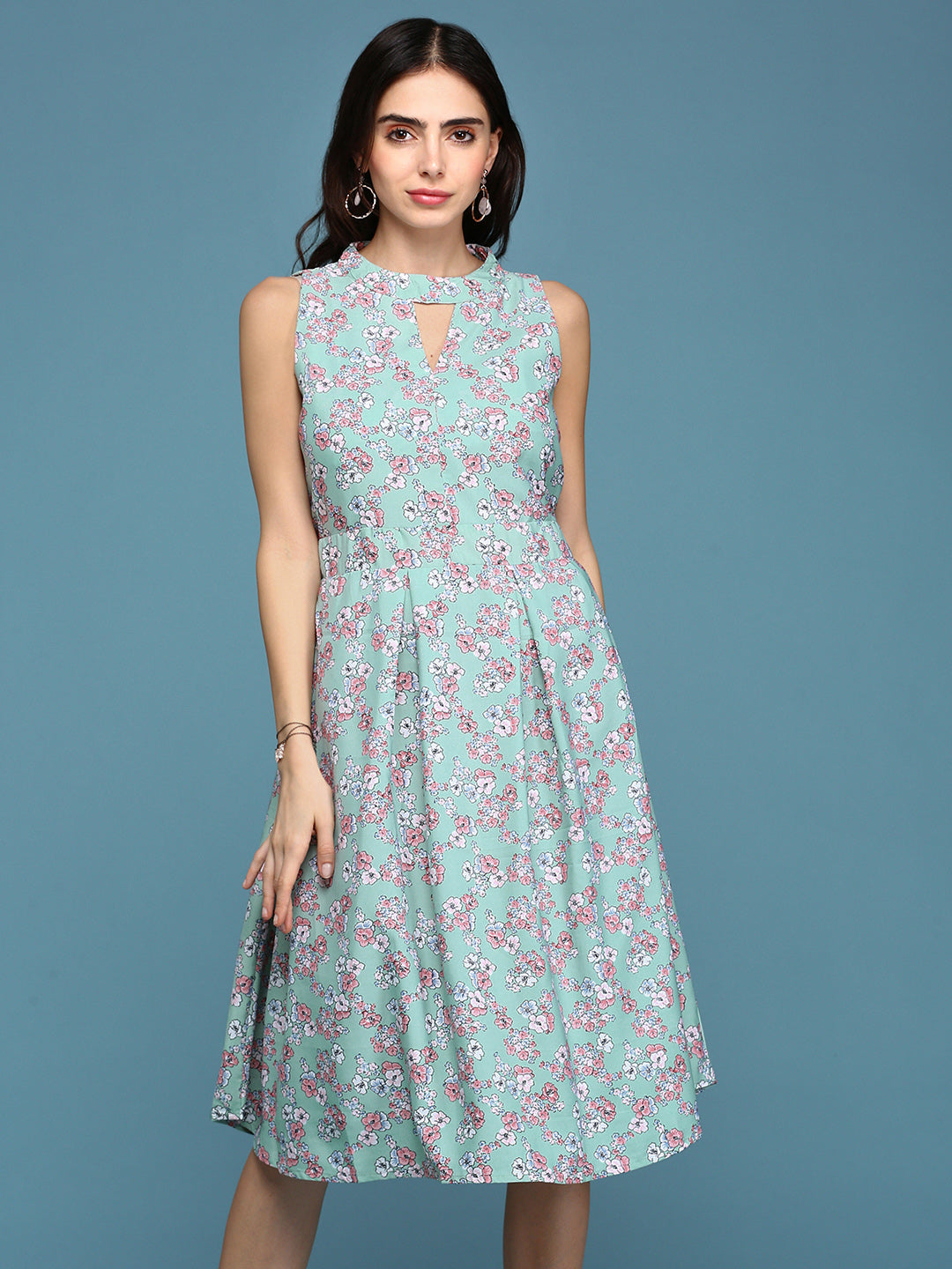 Women's Sea Green Floral A-Line Dress