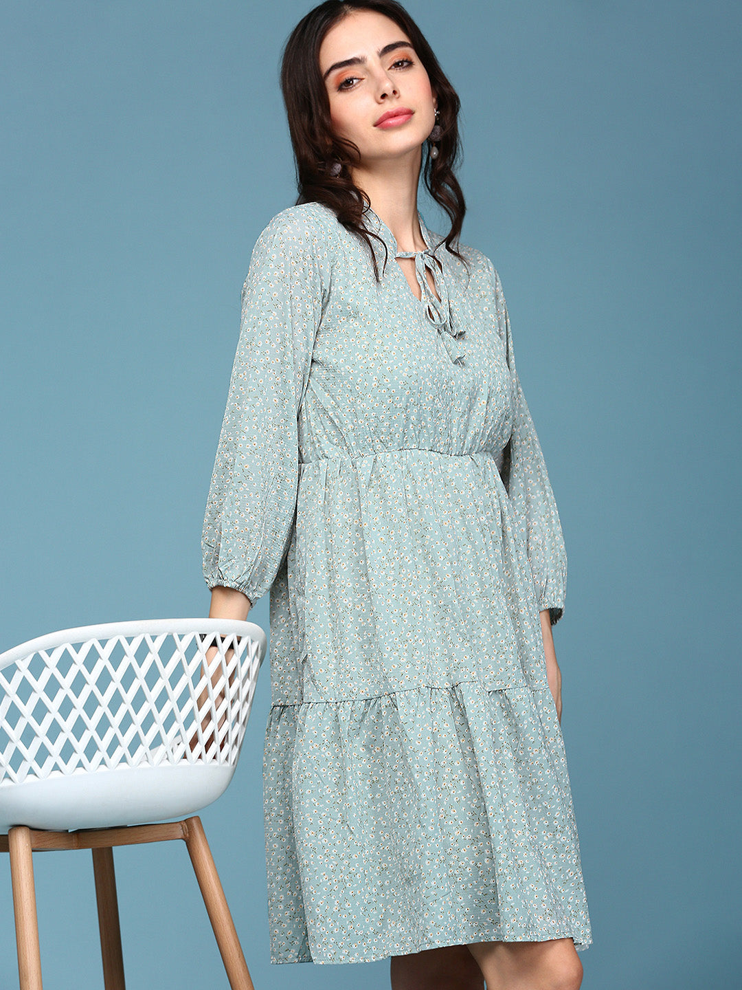 Women's Sea Green Printed Fit and Flare Dress