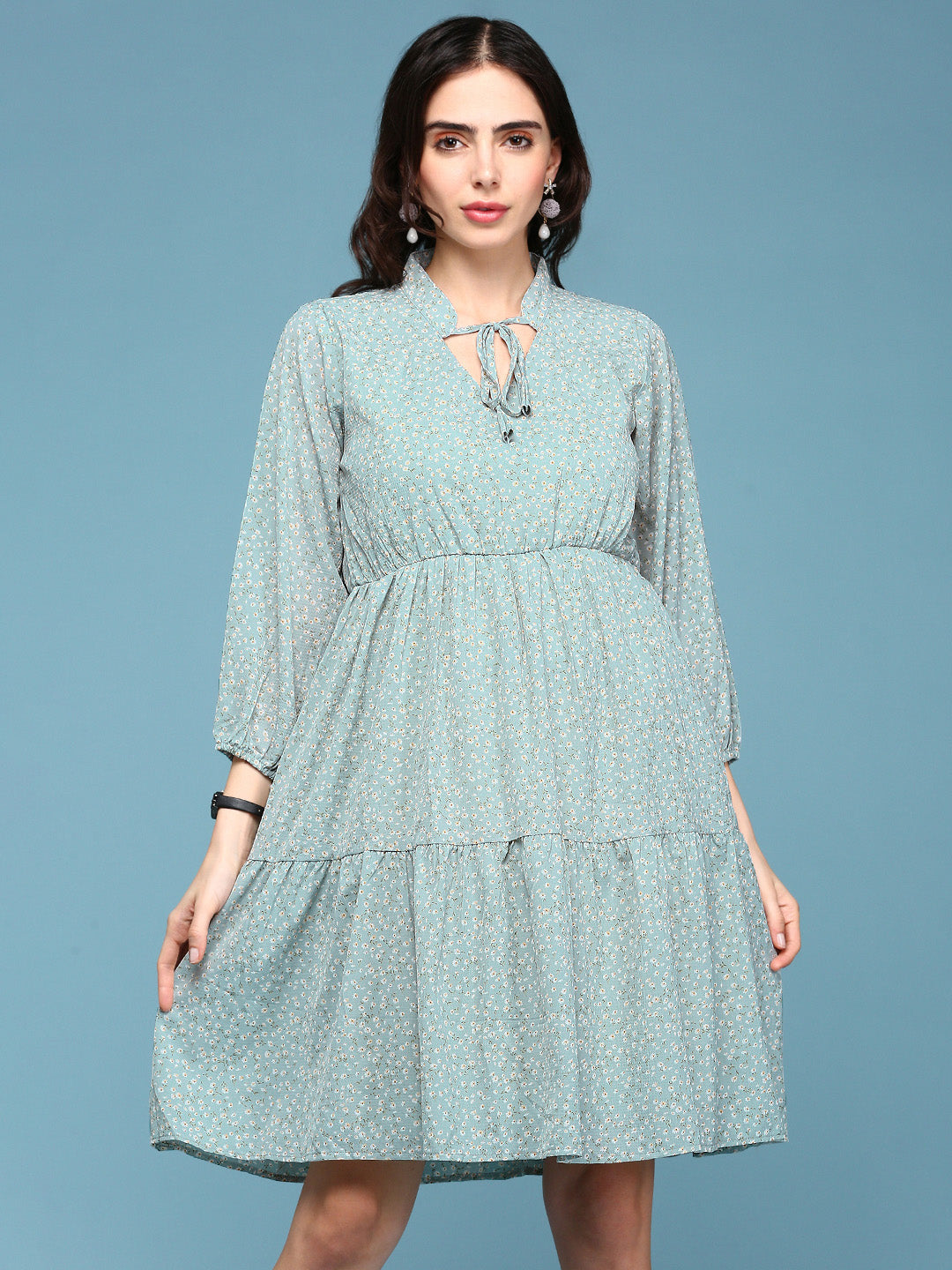 Women's Sea Green Printed Fit and Flare Dress