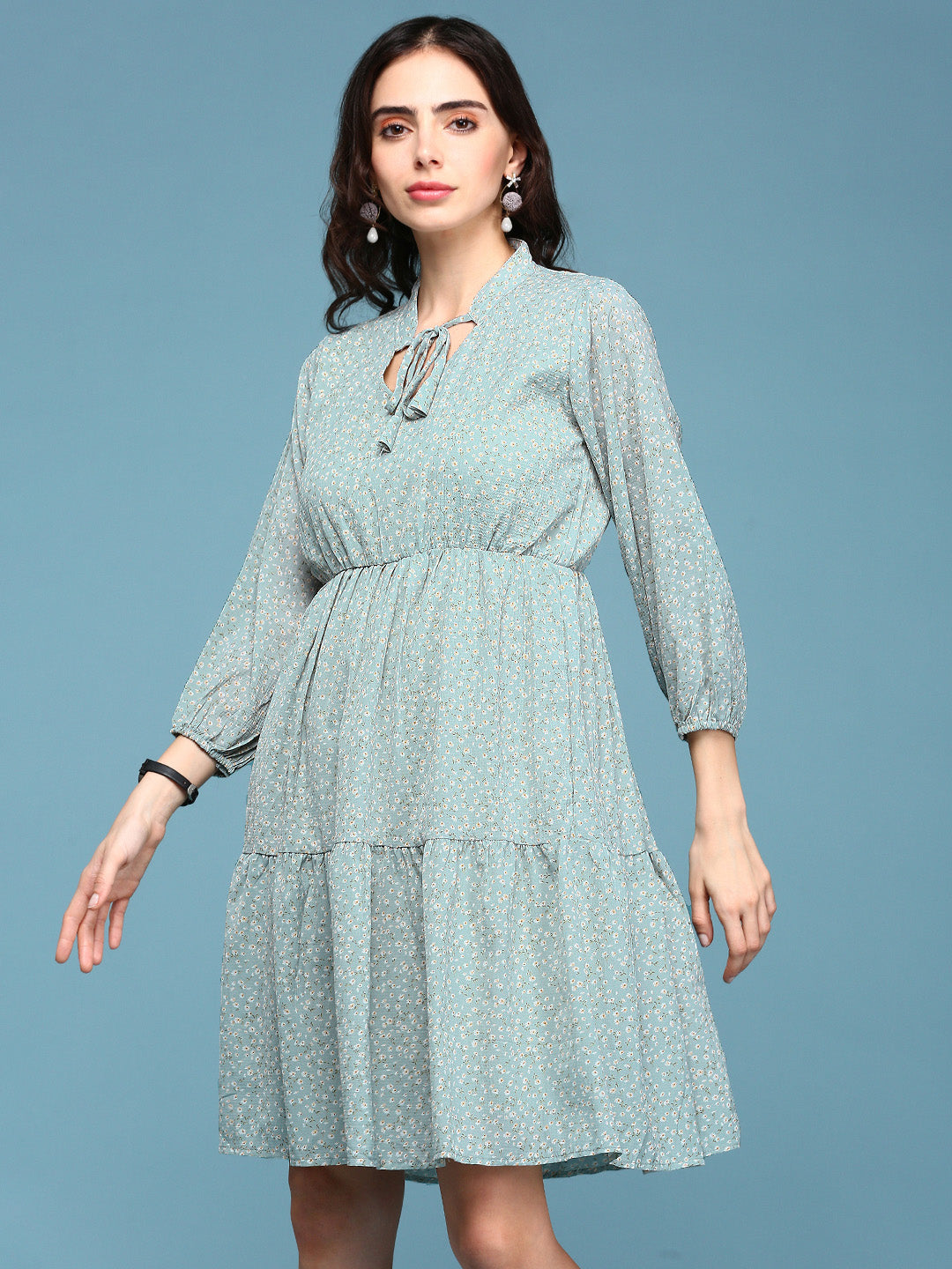 Women's Sea Green Printed Fit and Flare Dress