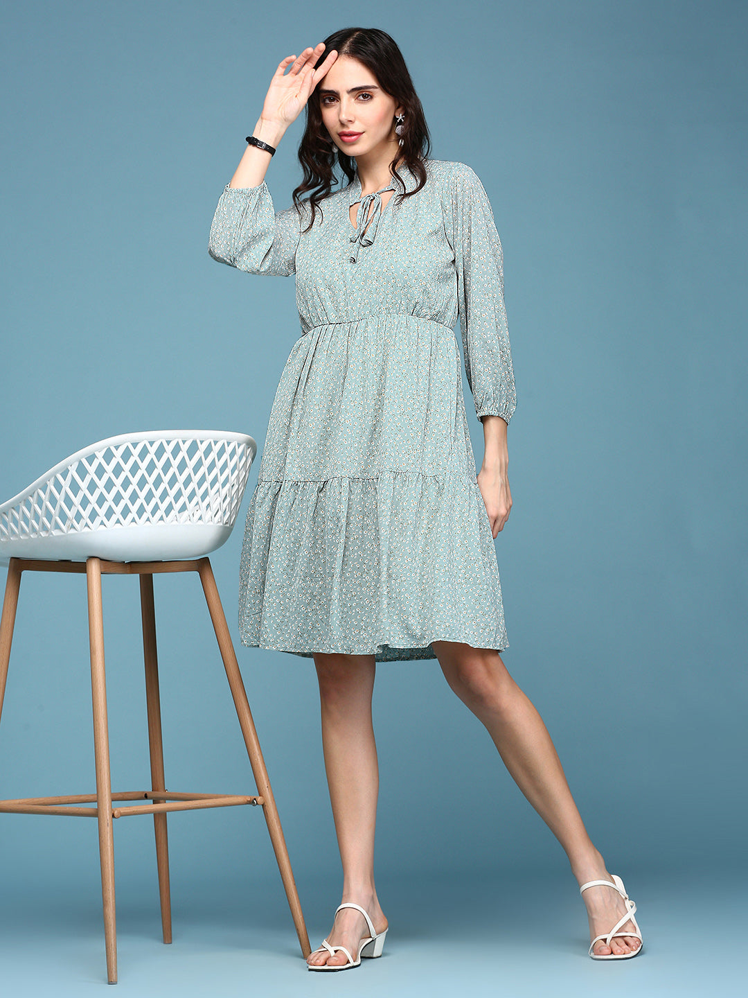 Women's Sea Green Printed Fit and Flare Dress