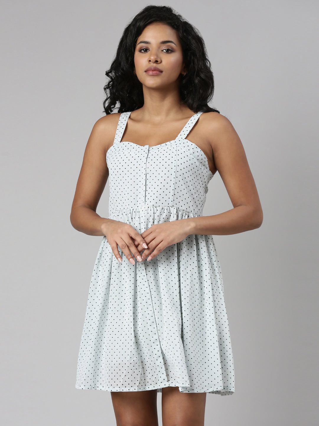 Women Sea Green Polka Dots Fit and Flare Dress