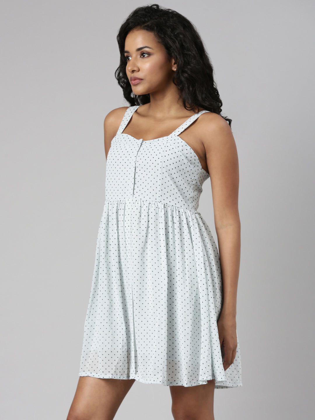 Women Sea Green Polka Dots Fit and Flare Dress